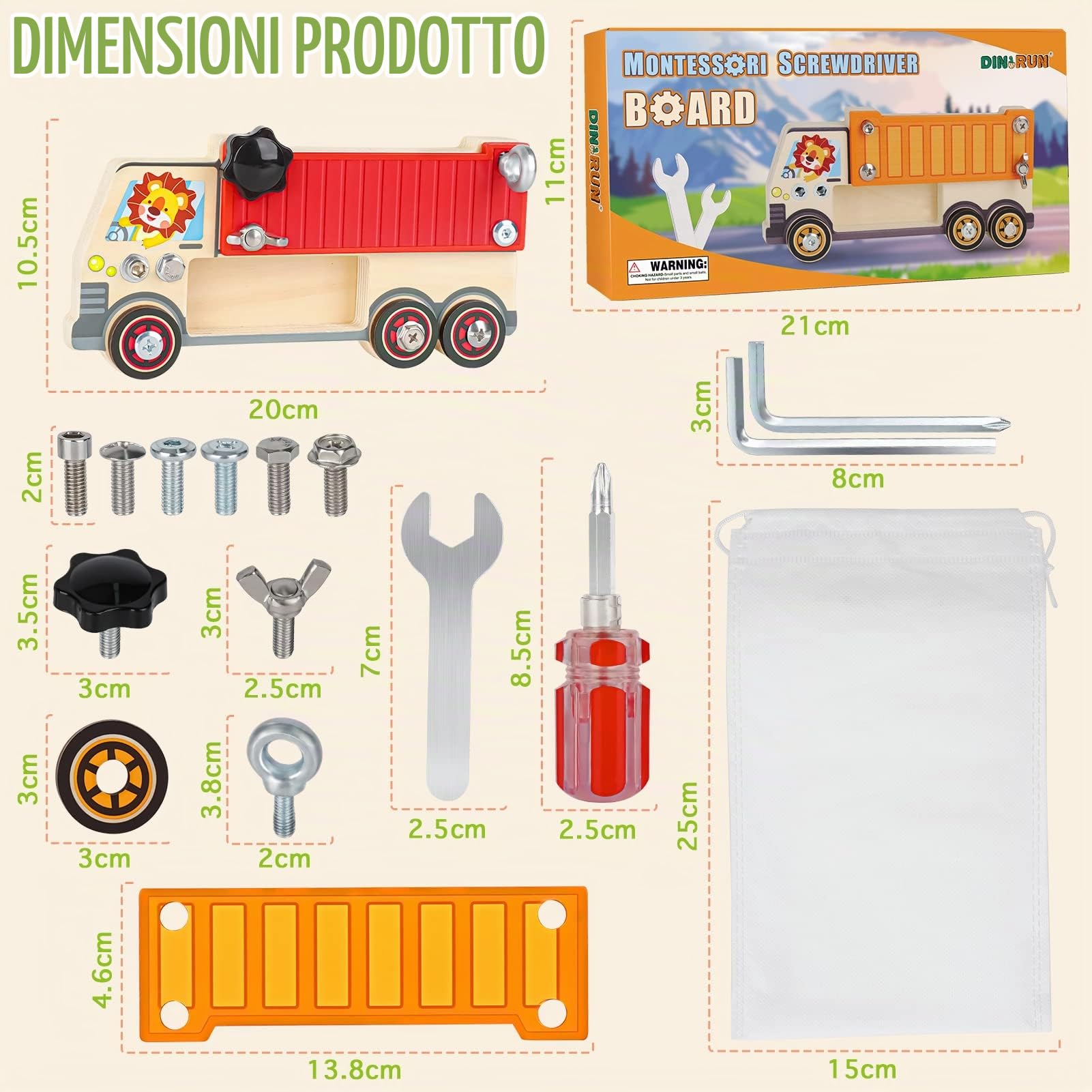 DINORUN camion tavola sensoriale legno viti con borsa