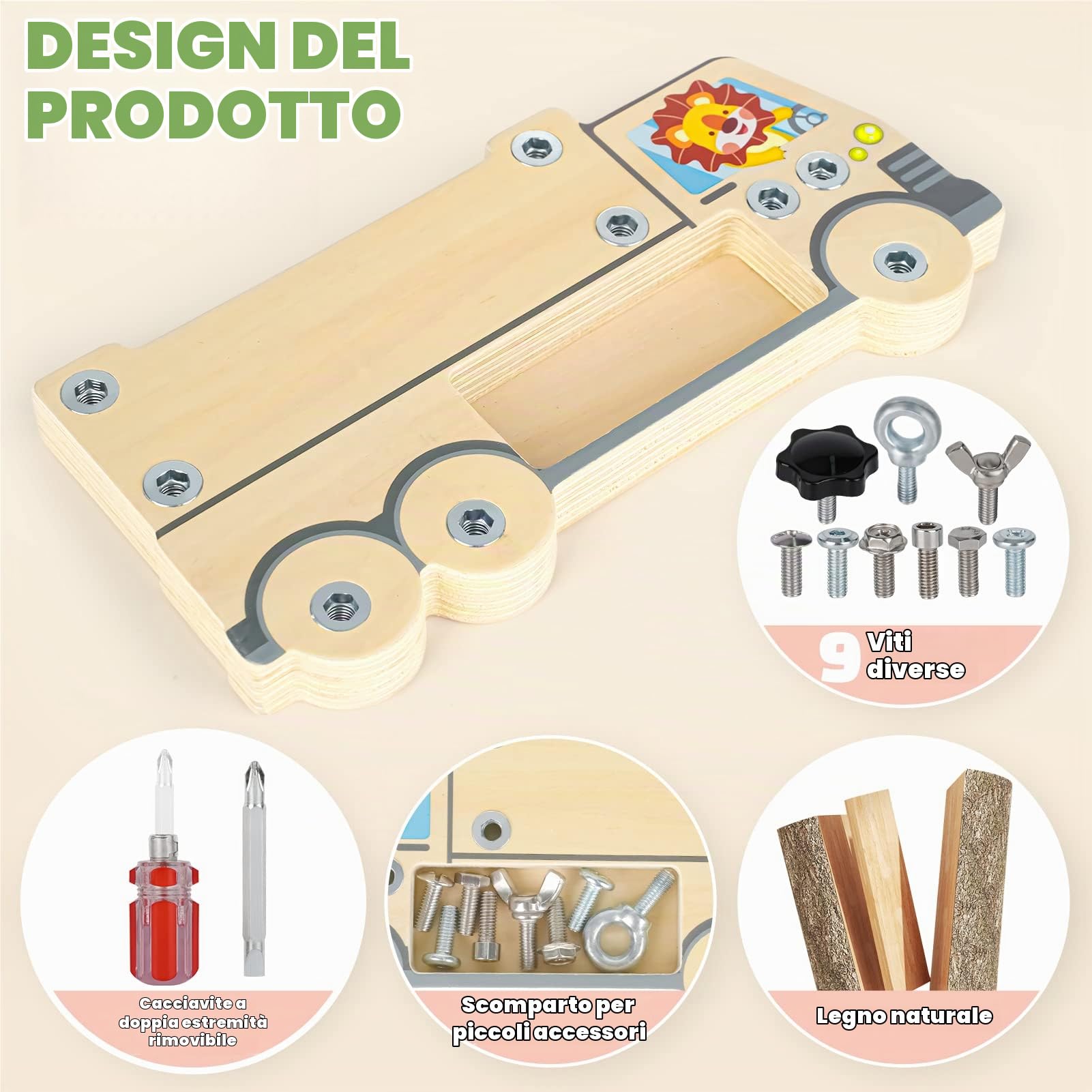 DINORUN camion tavola sensoriale legno viti con borsa