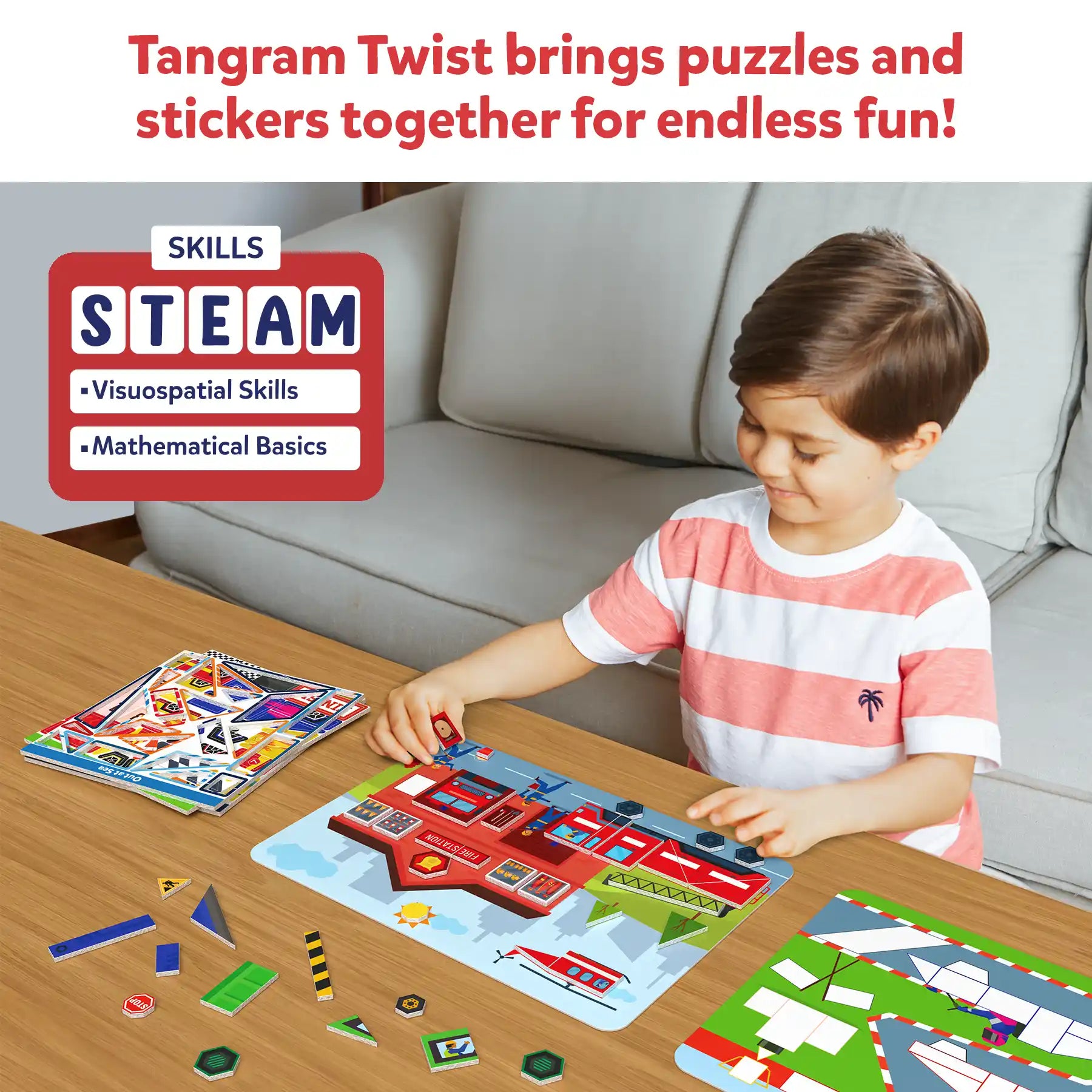 Skillmatics Tangram Twist puzzle adesivi veicoli 4-7 anni