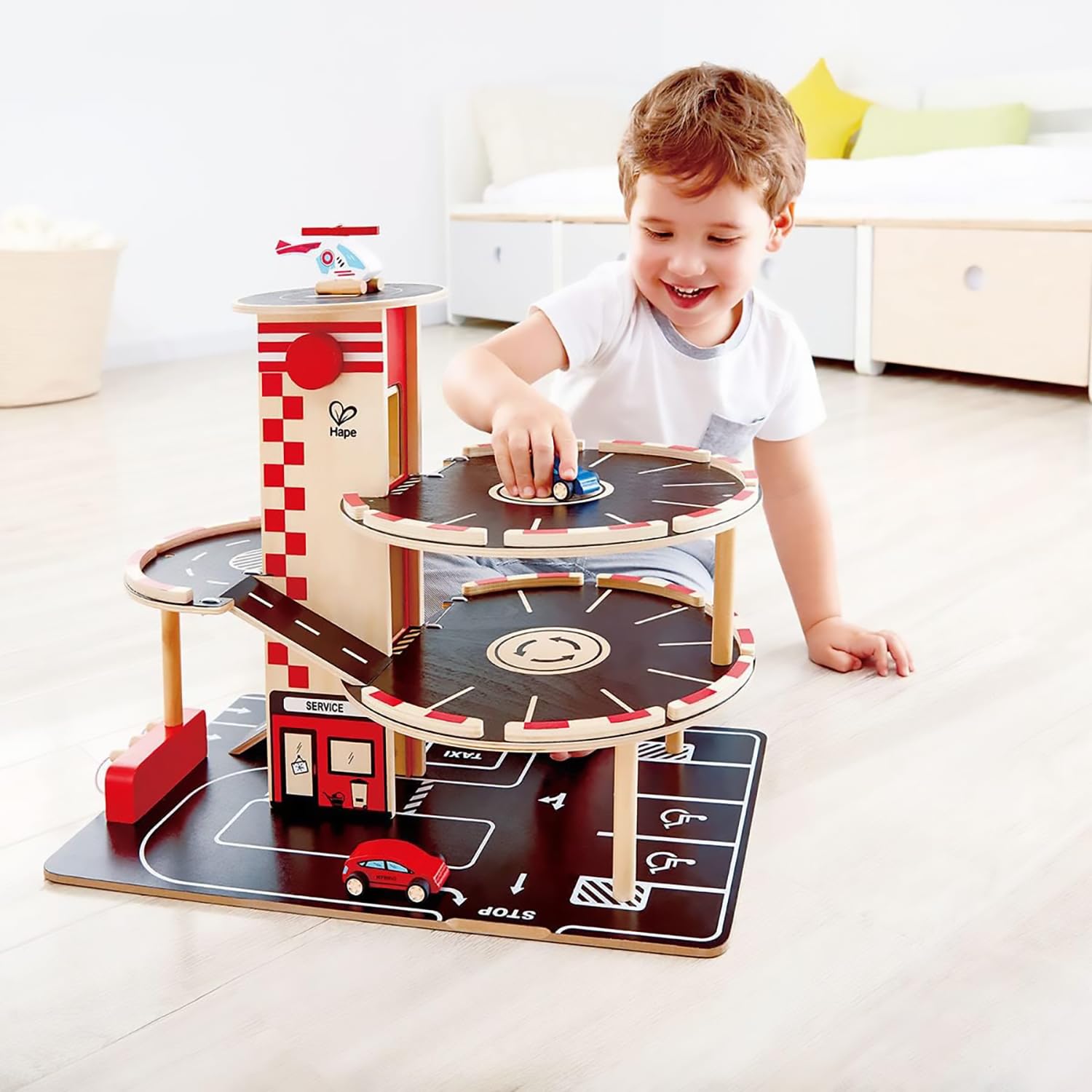 Hape Garage Legno 4 piani rampa auto elicottero