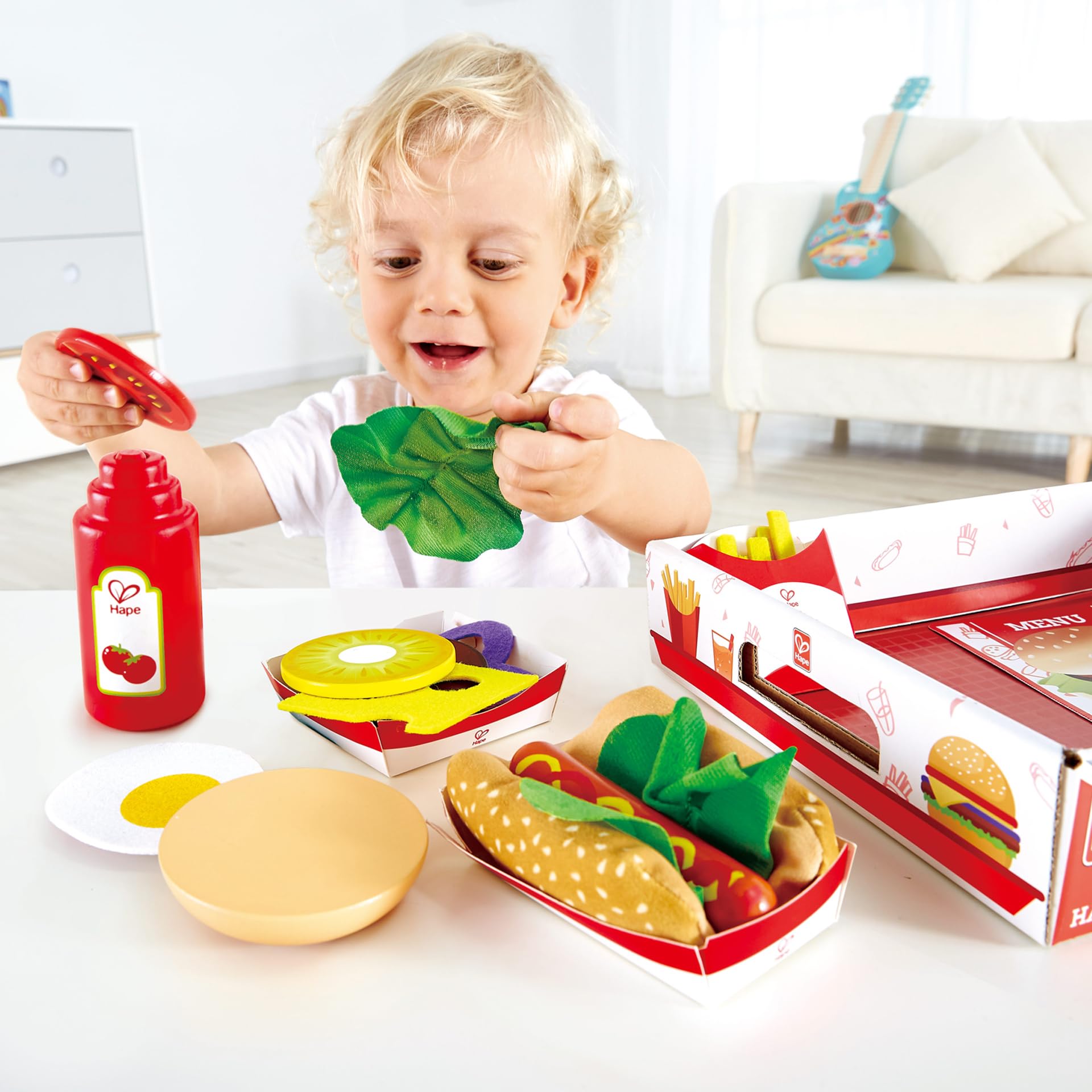 Hape Fast Food set cucina hamburger hot dog legno