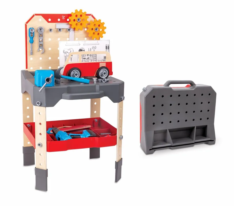 Hape Junior Inventor E3036 banco lavoro officina 71 pezzi