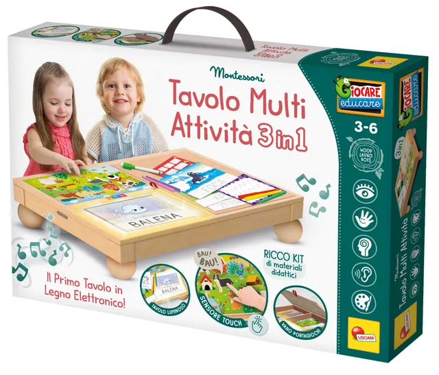 Lisciani Montessori Legno Tavolo Multi Attivita 3 in 1 luminoso