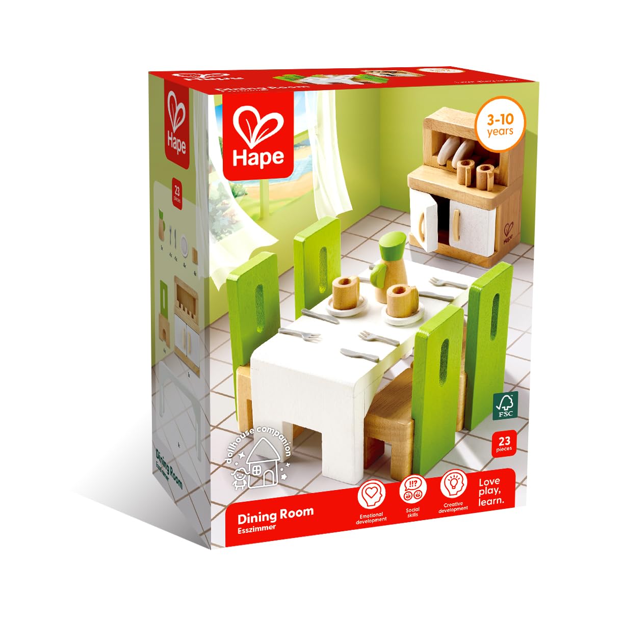 Hape sala da pranzo casa bambole legno con piatti e posate