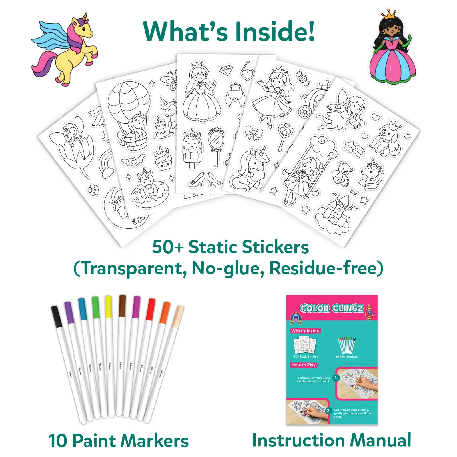 Skillmatics Color Clingz Unicorns & Princesses adesivi 50+ riutilizzabili