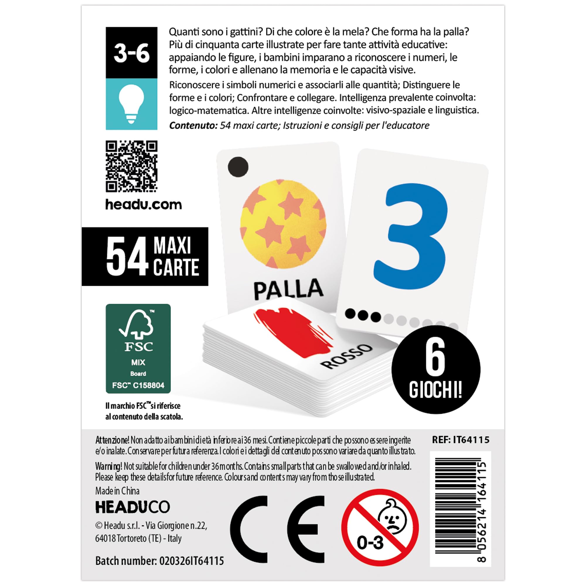 Headu Vitamine in Gioco Numeri Forme e Colori carte educative 54 carte 3-6 anni