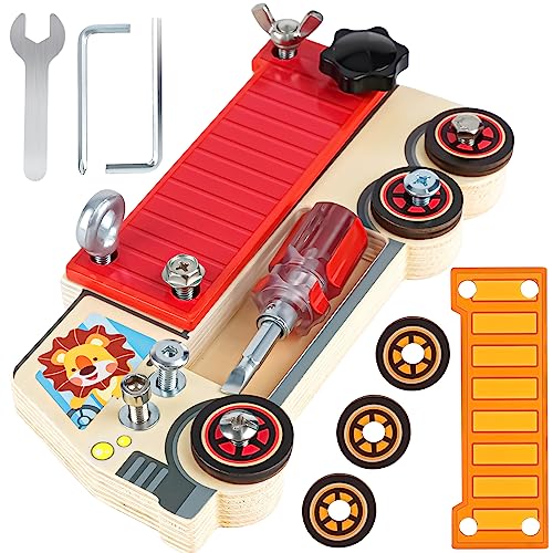 DINORUN camion tavola sensoriale legno viti con borsa