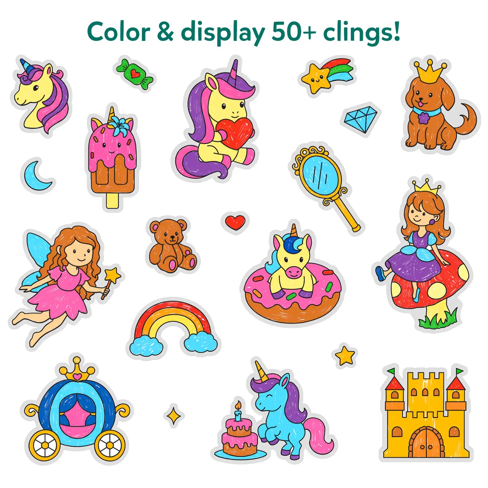 Skillmatics Color Clingz Unicorns & Princesses adesivi 50+ riutilizzabili