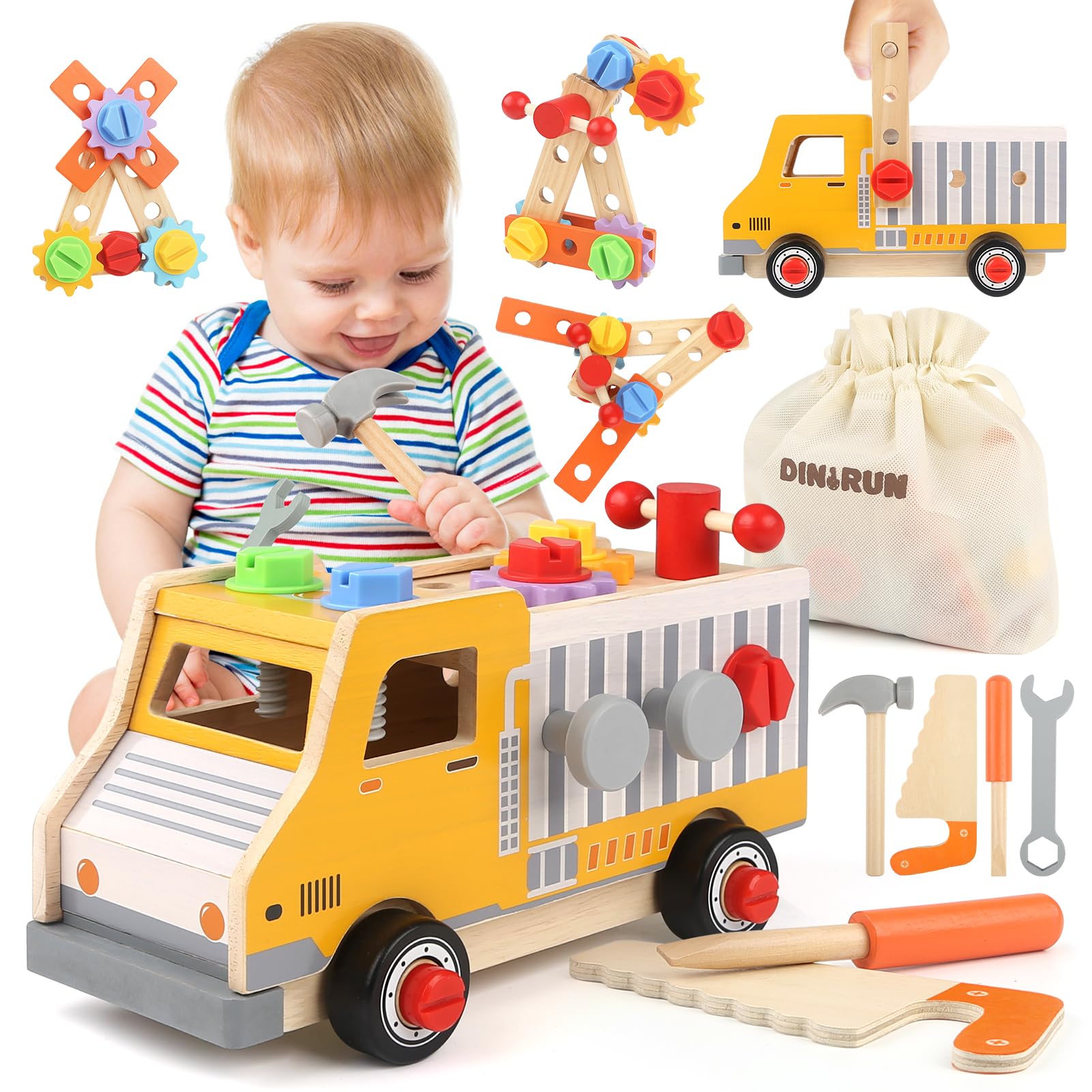 DINORUN camion cassetta attrezzi legno 47 pezzi 3-6 anni