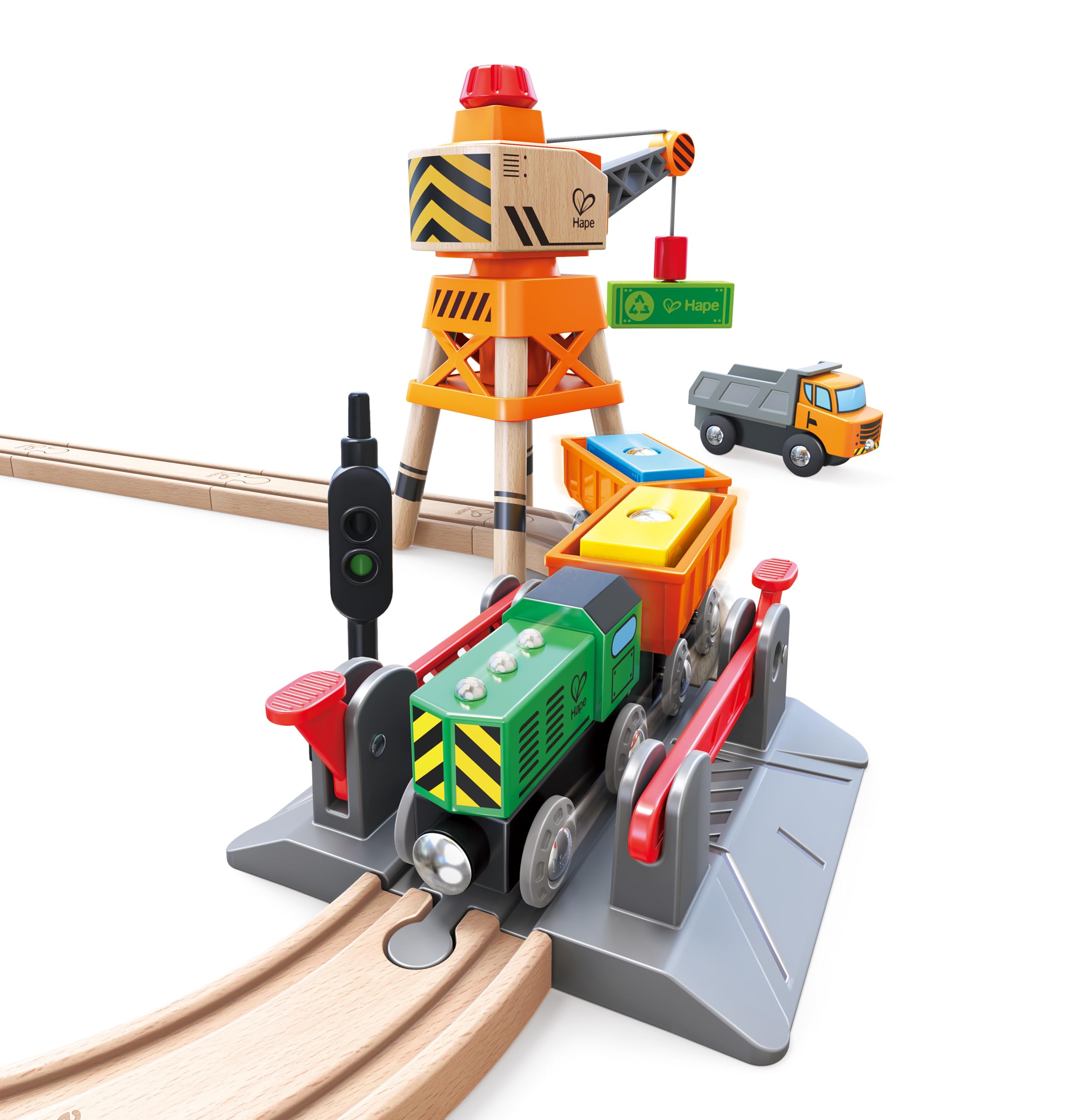 Hape Pista Trenino Legno 32 Pezzi con Gru e Passaggio a Livello