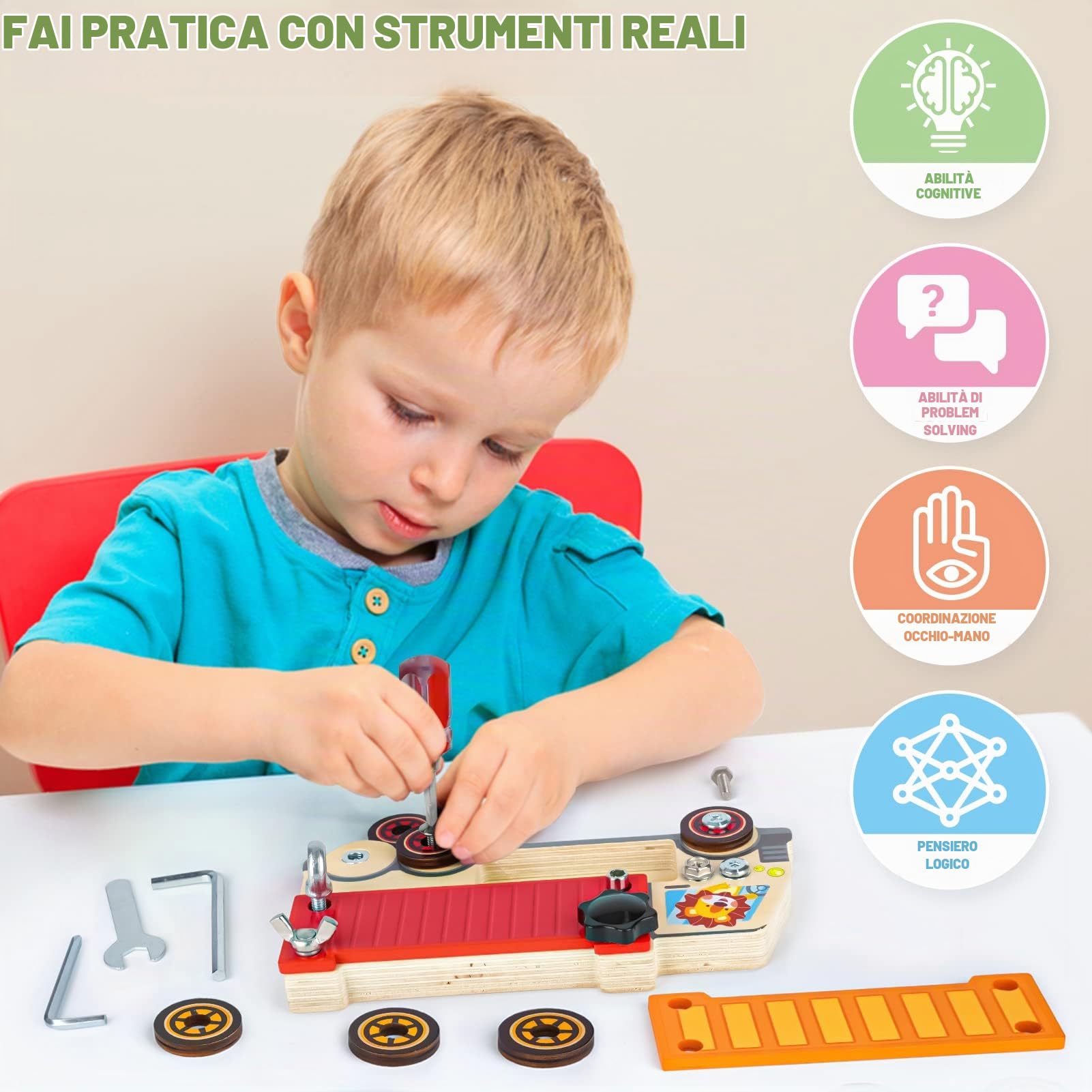 DINORUN camion tavola sensoriale legno viti con borsa