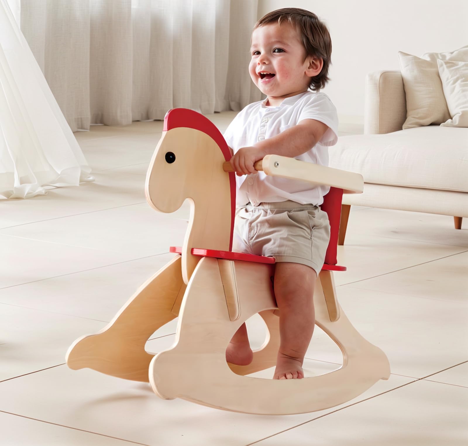 Hape E0100 cavallo a dondolo in legno con schienale