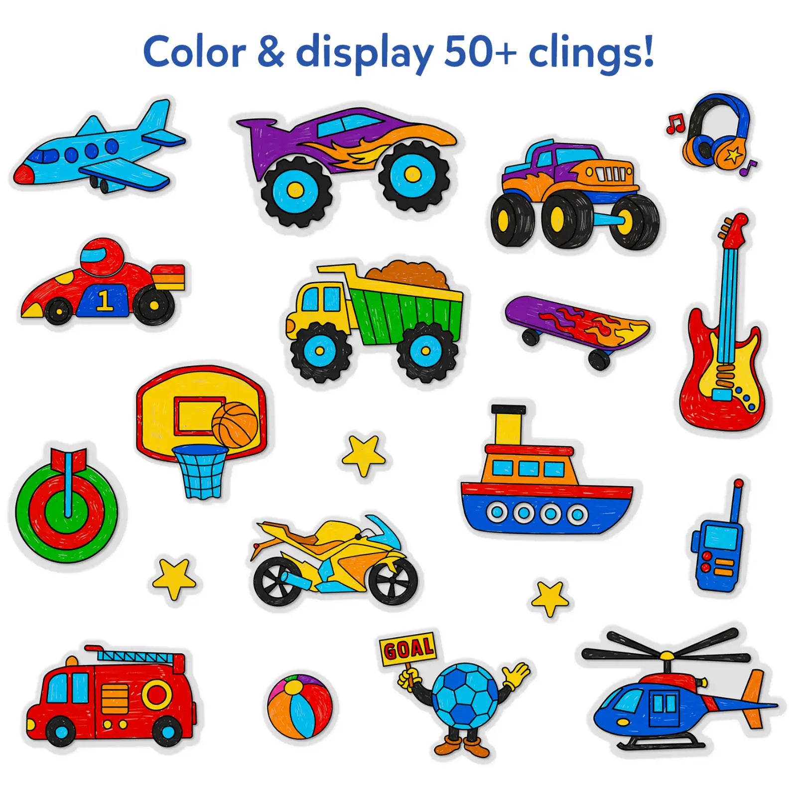 Skillmatics Color Clingz Cars Sports Dinos adesivi statici 40 pezzi