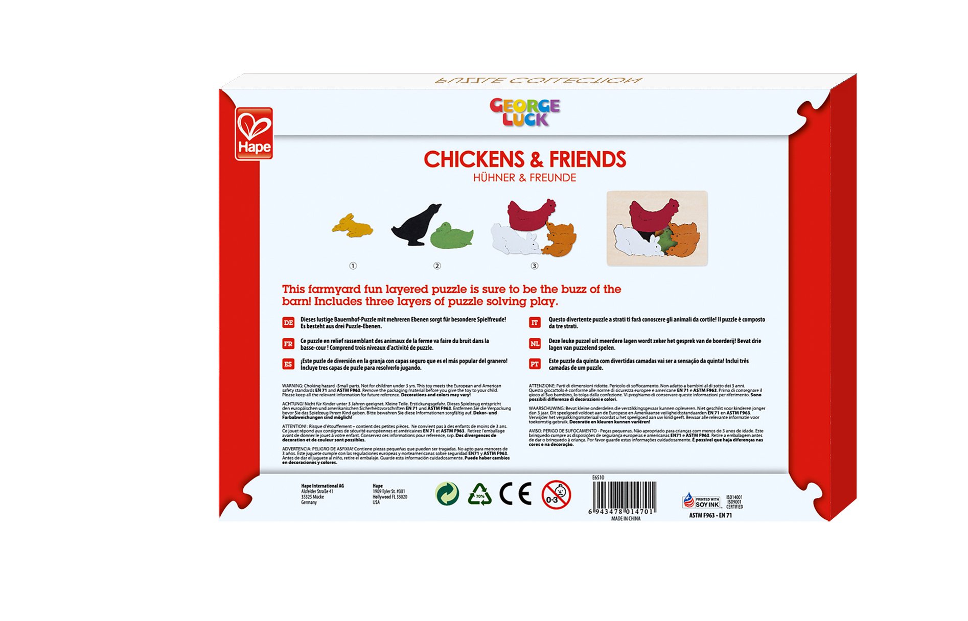 Hape E6510 Chicken and Friends puzzle legno 3 livelli