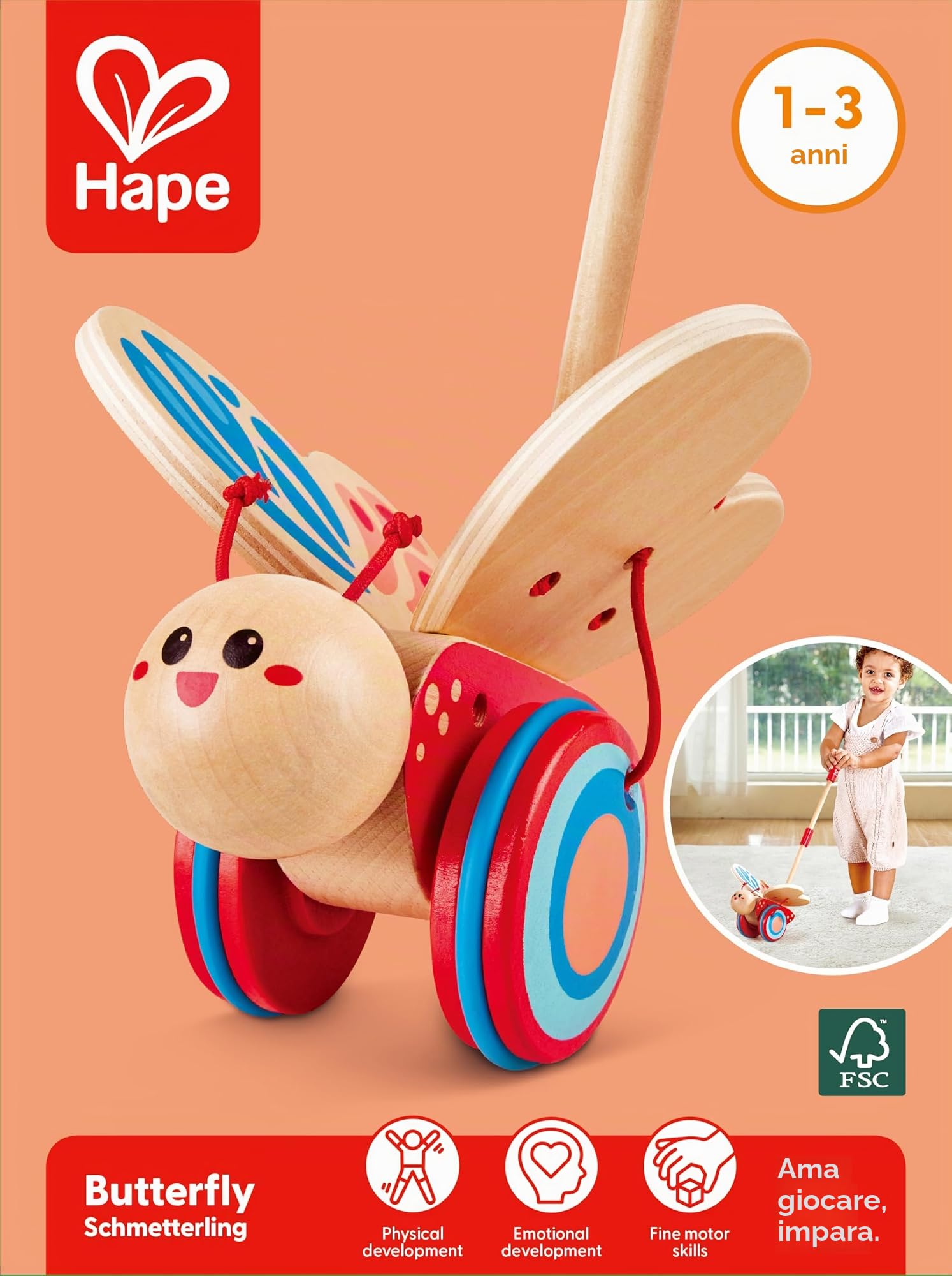 Hape Farfallina Colorata Giocattolo da Trainare in Legno con Ali