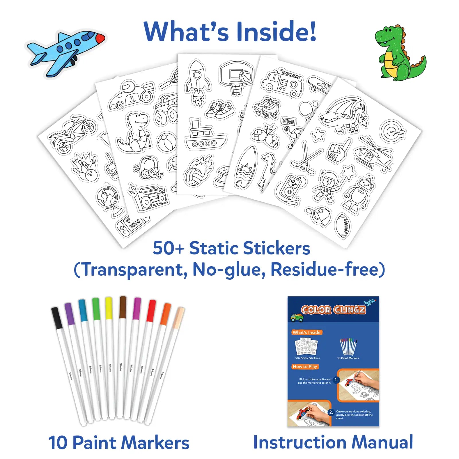 Skillmatics Color Clingz Cars Sports Dinos adesivi statici 40 pezzi