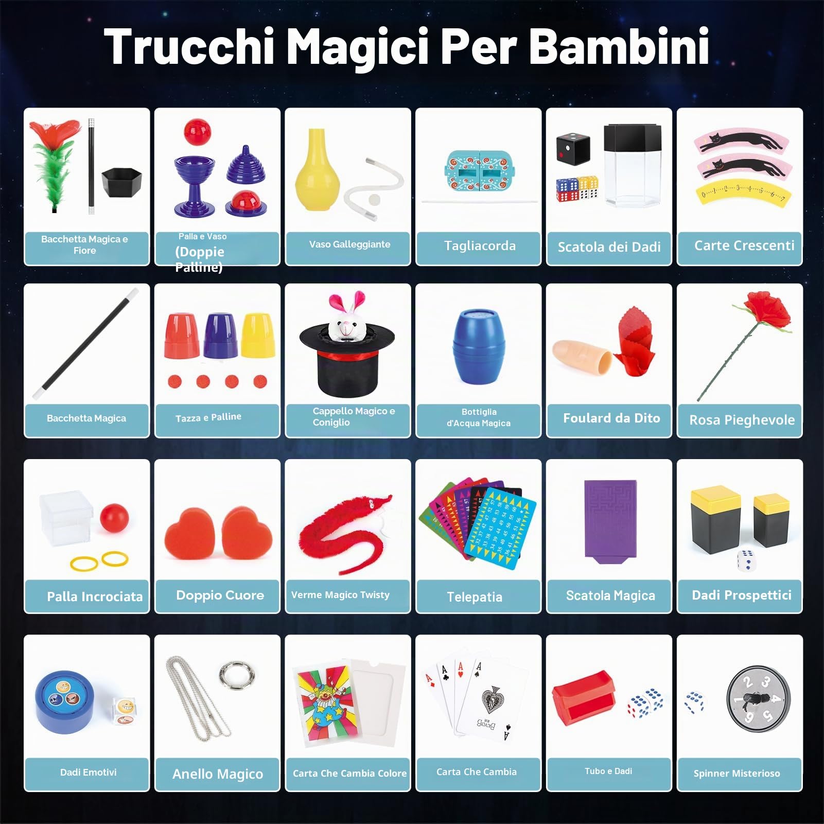 DINORUN set magia bambini cappello e bacchetta 24 pezzi