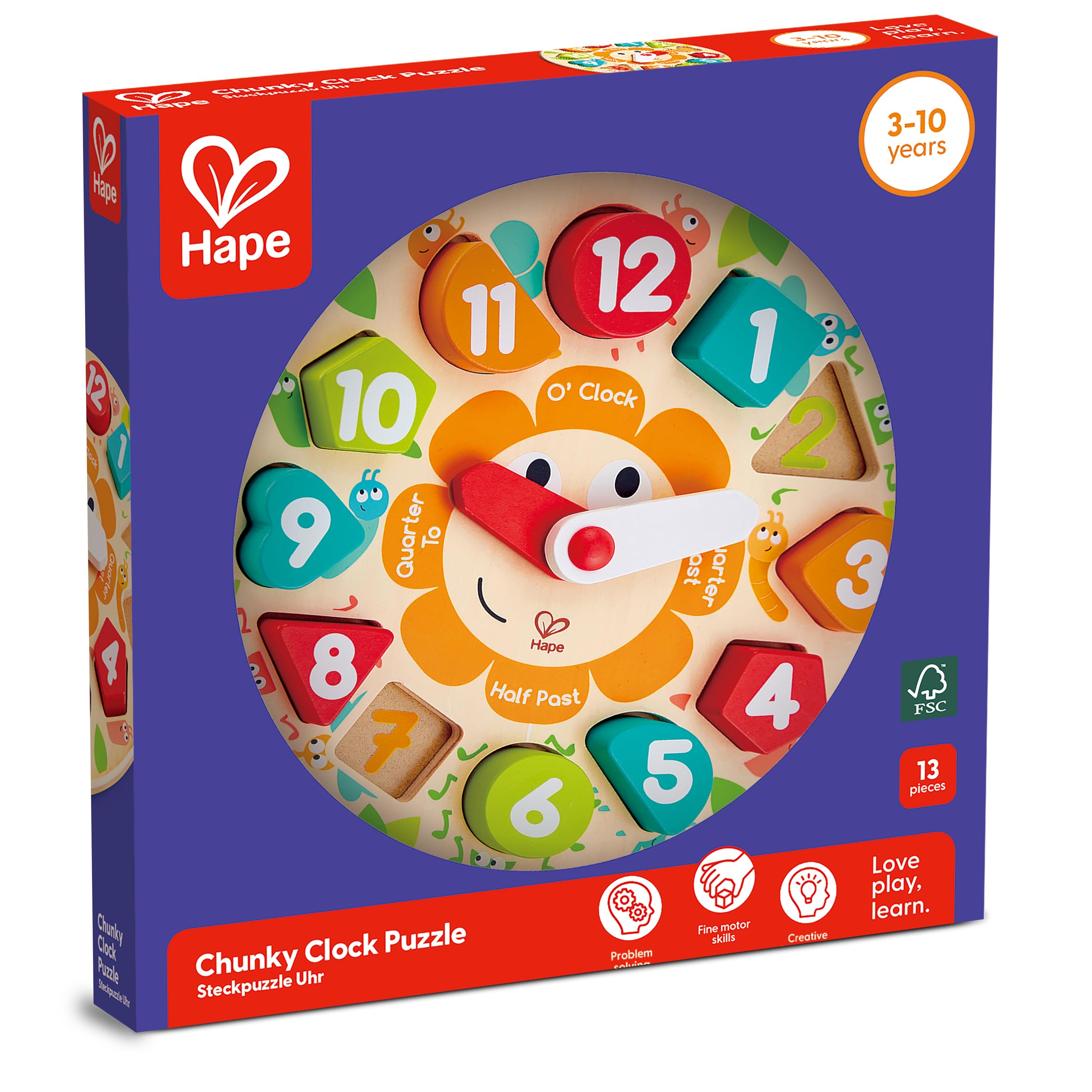 Hape Puzzle Orologio incastro legno impara l'ora 3 anni