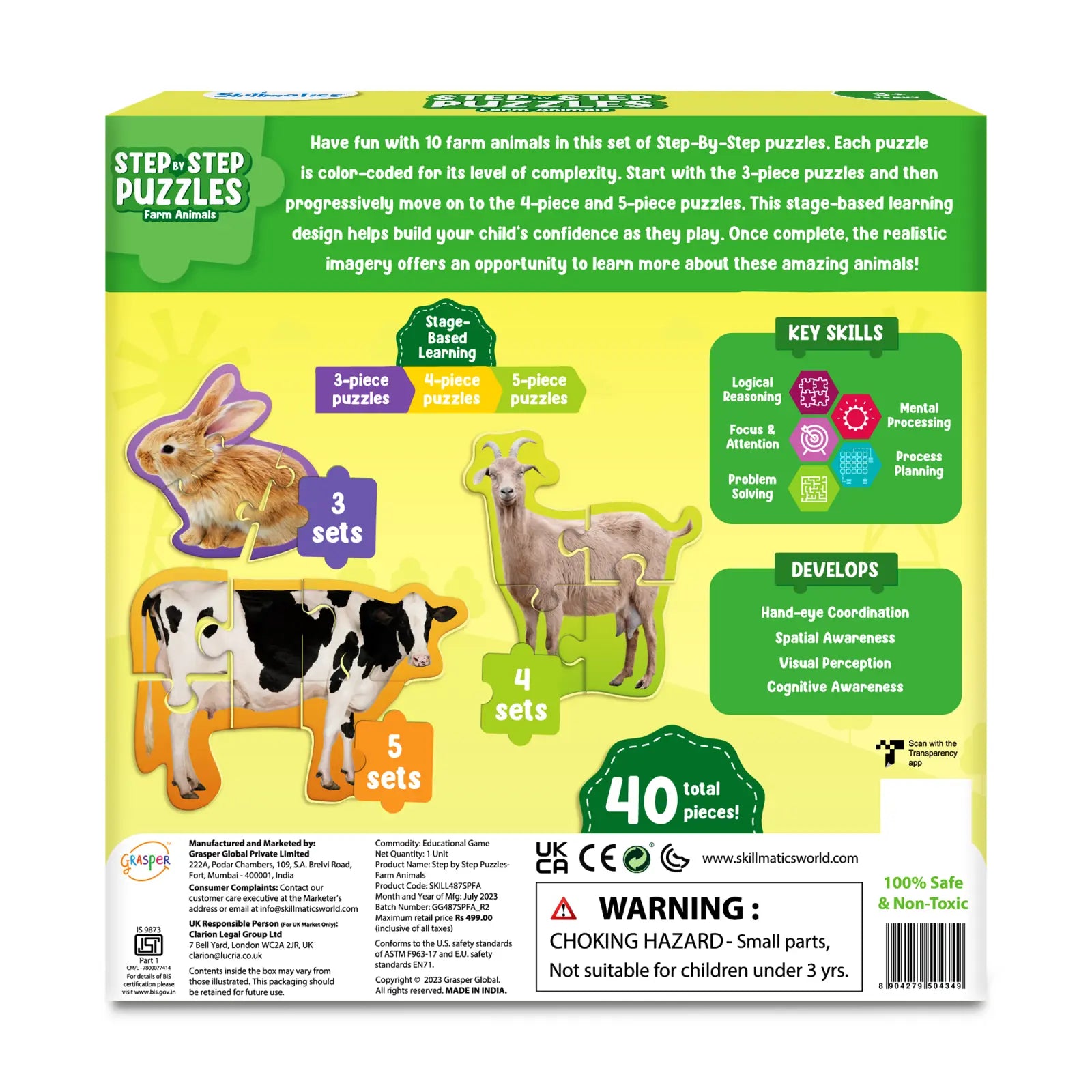 Skillmatics Step by Step Farm Animals puzzle 10 pz fattoria 3+