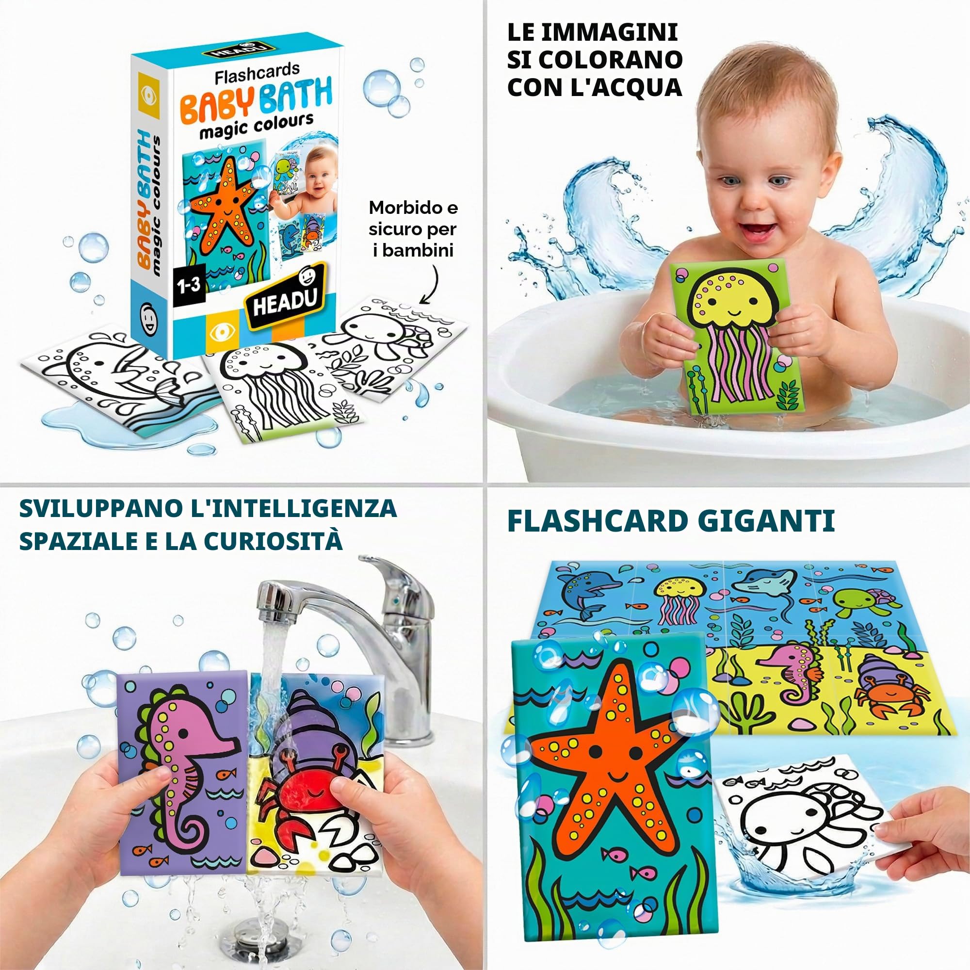 Headu Baby Bath flashcards bagnetto animali 8 carte 1-3 anni