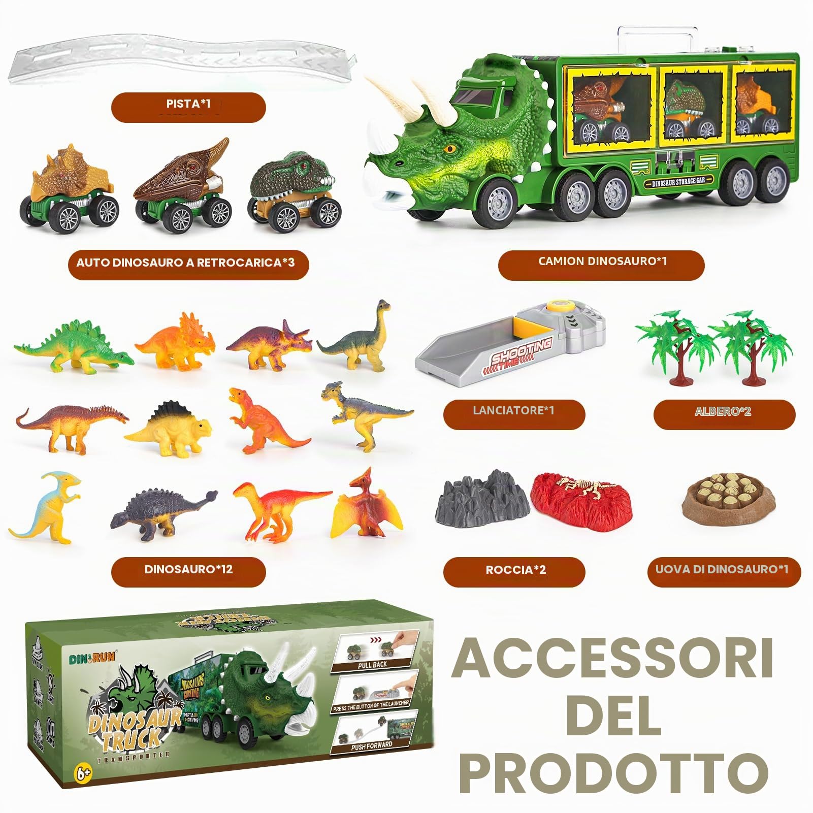 DINORUN Dinosauri Camion trasportatore 23 pezzi luci suoni