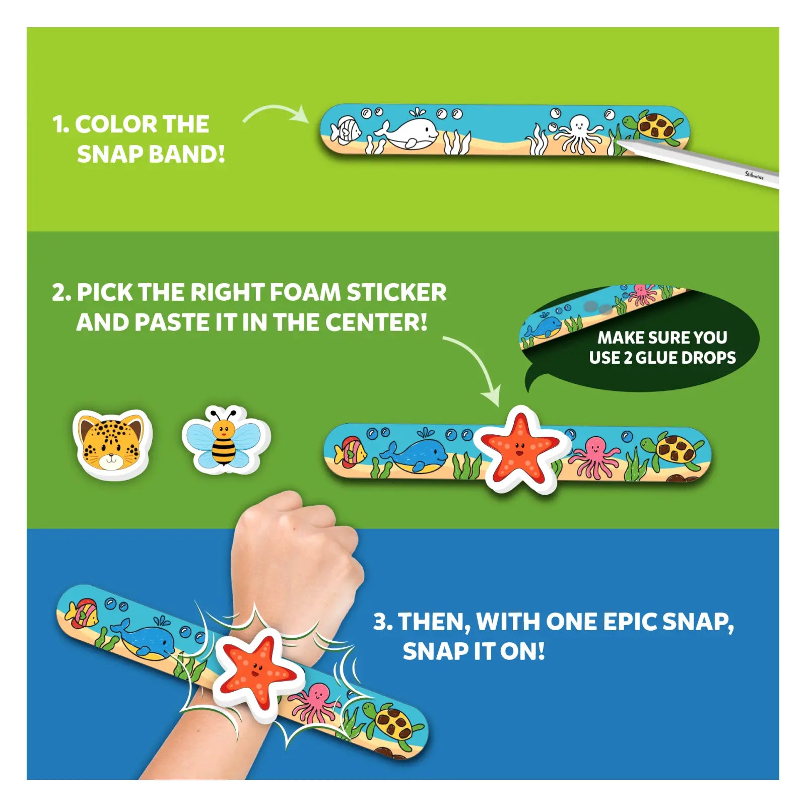 Skillmatics Snap Bandz Animal Friends braccialetti kit 8 pezzi