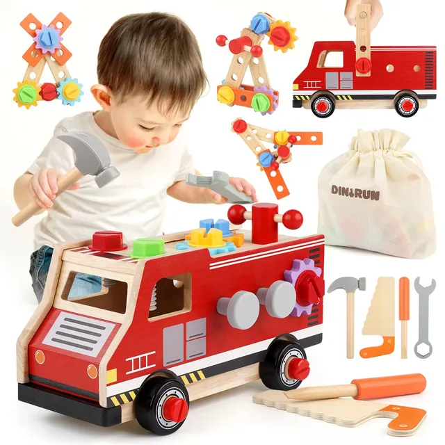 DINORUN Cassetta Attrezzi Bambini Legno Camion Pompieri 47 Pezzi