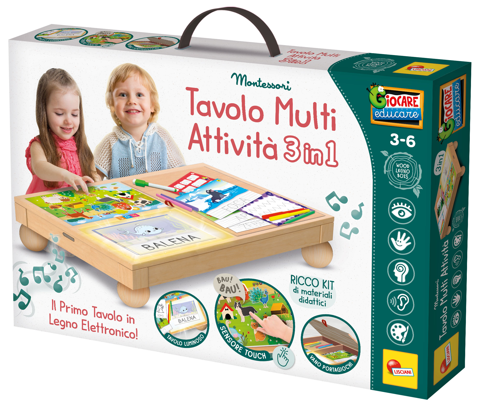 Lisciani Montessori Legno Tavolo Multi Attivita 3 in 1 luminoso