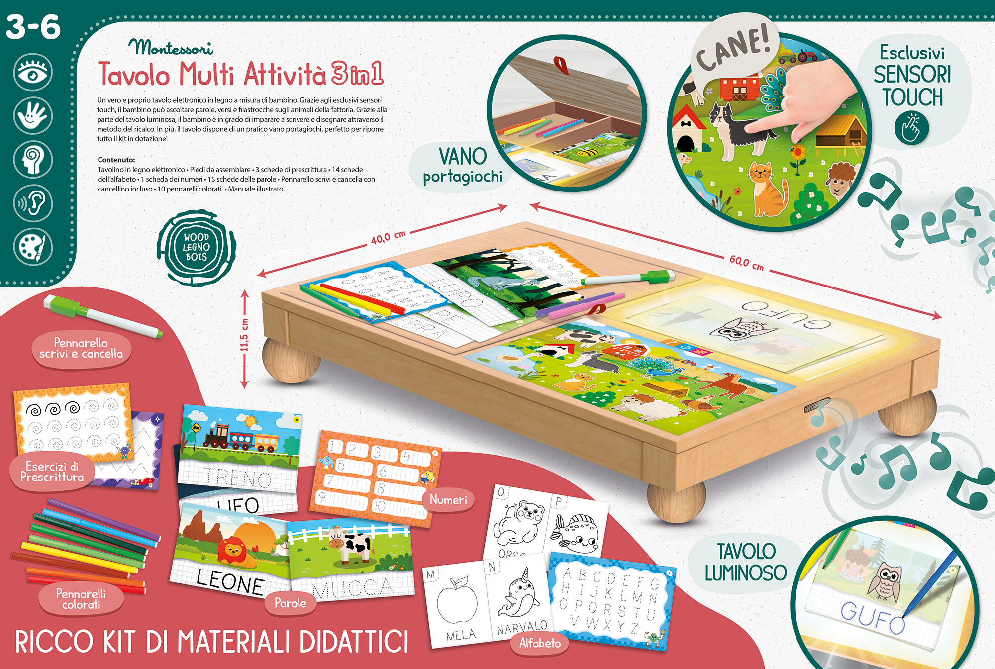 Lisciani Montessori Legno Tavolo Multi Attivita 3 in 1 luminoso