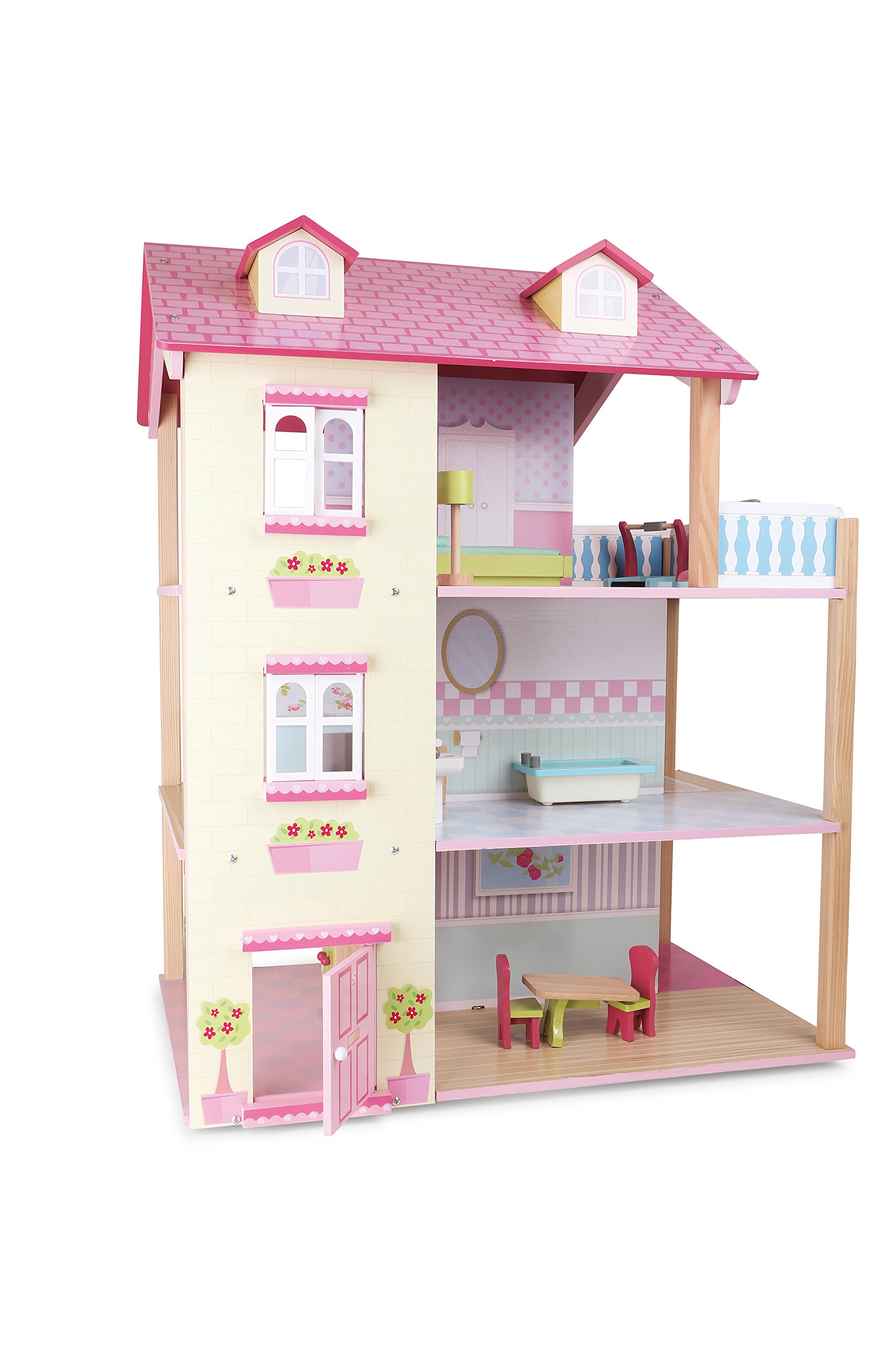 smallfoot 3126 casa bambole tetto rosa 3 piani 21 mobili