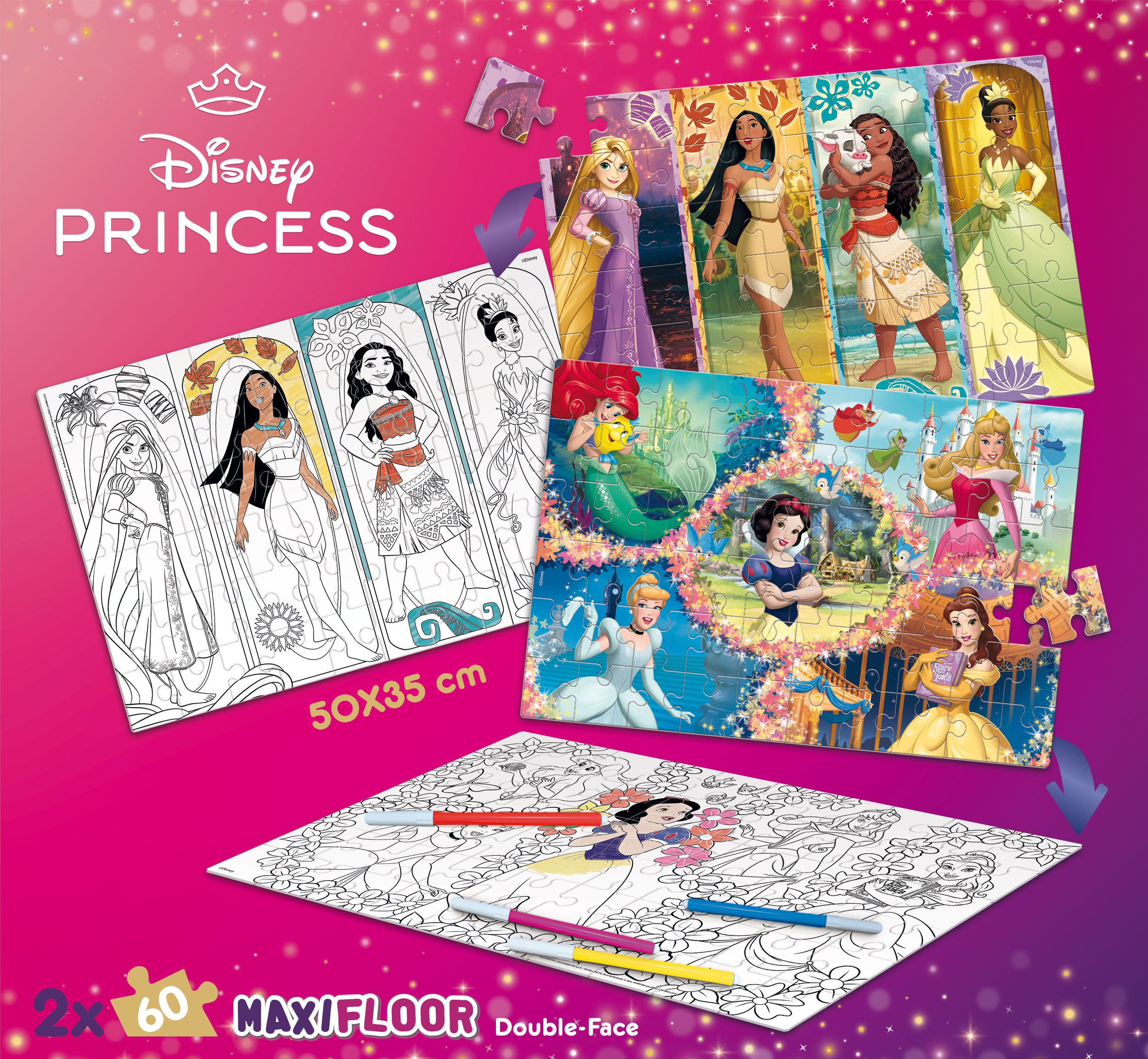 Lisciani Disney MaxiFloor 2x60 puzzle bambini Princess da colorare