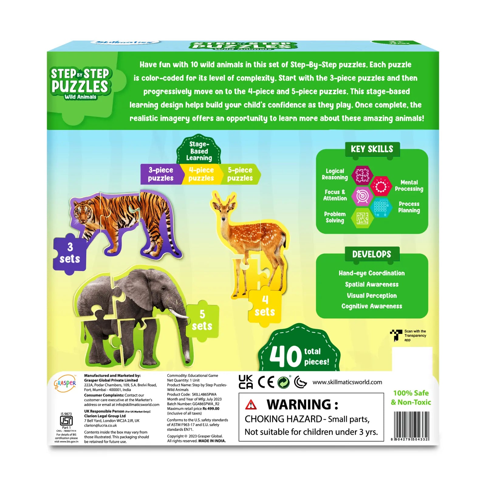 Skillmatics Step By Step Wild Animals puzzle 10 pezzi 3+ anni