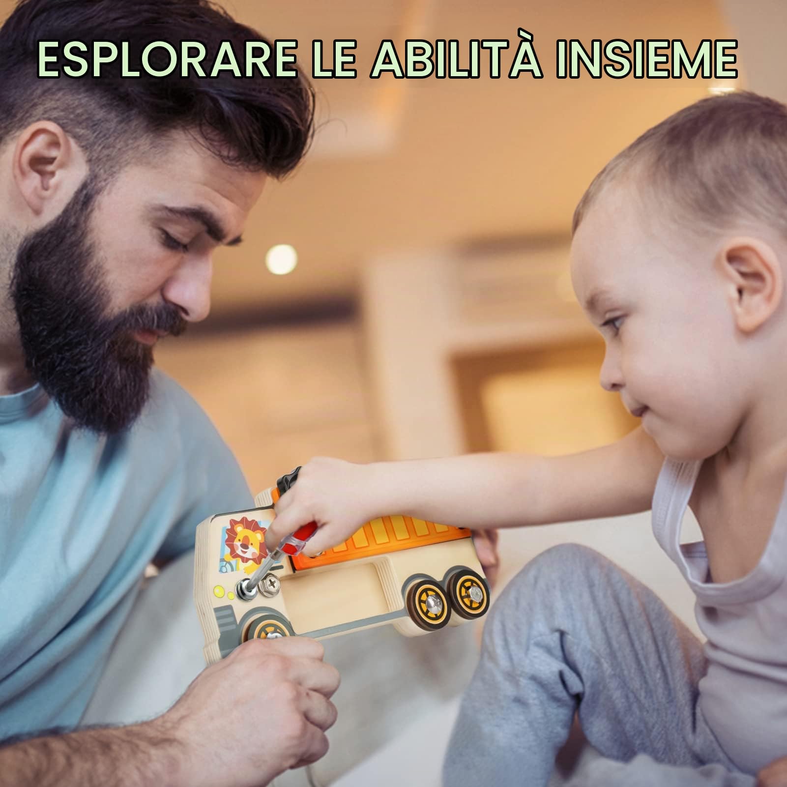 DINORUN camion tavola sensoriale legno viti con borsa