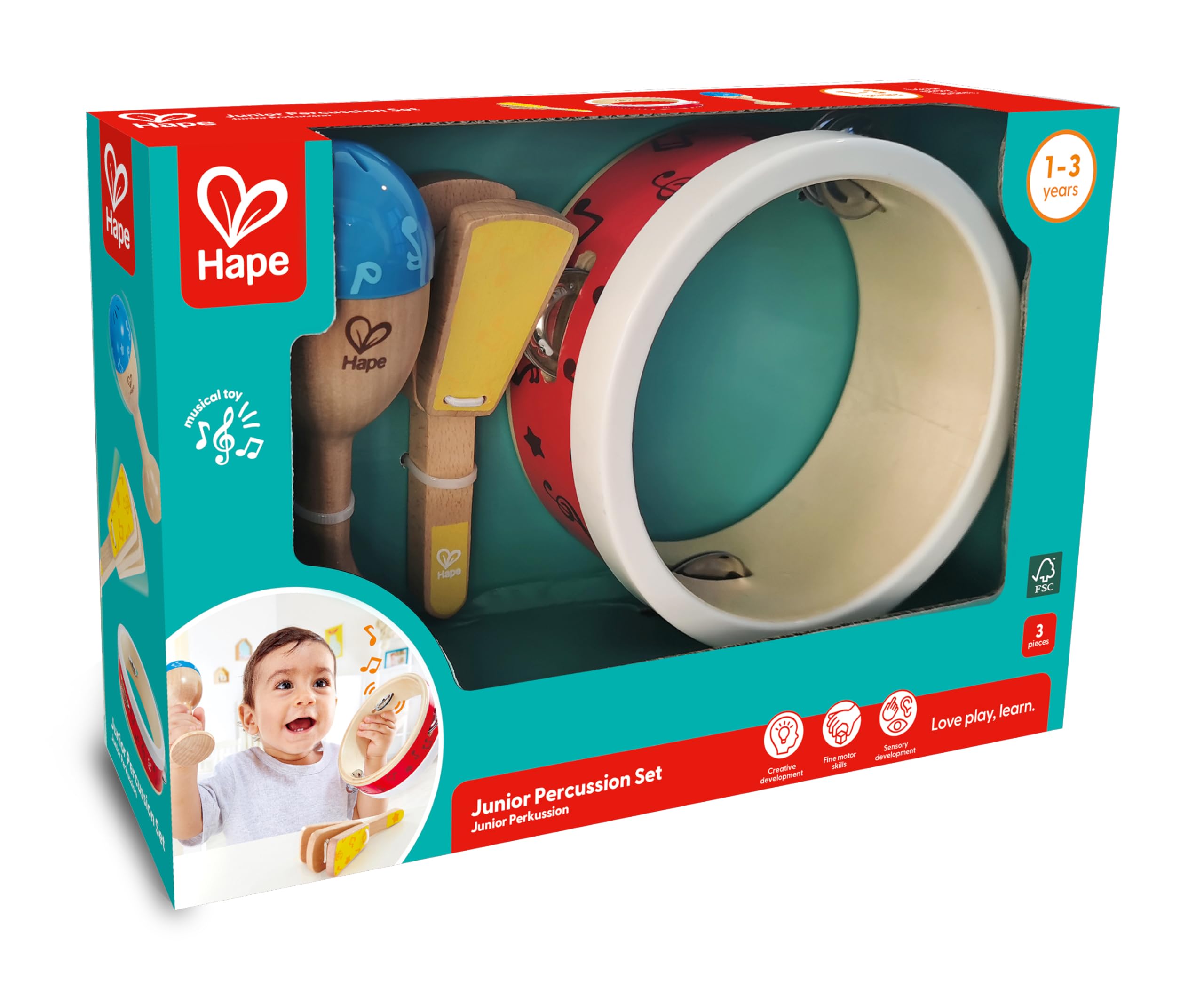 Hape set percussioni bambini strumenti musicali 3 pezzi 12 mesi