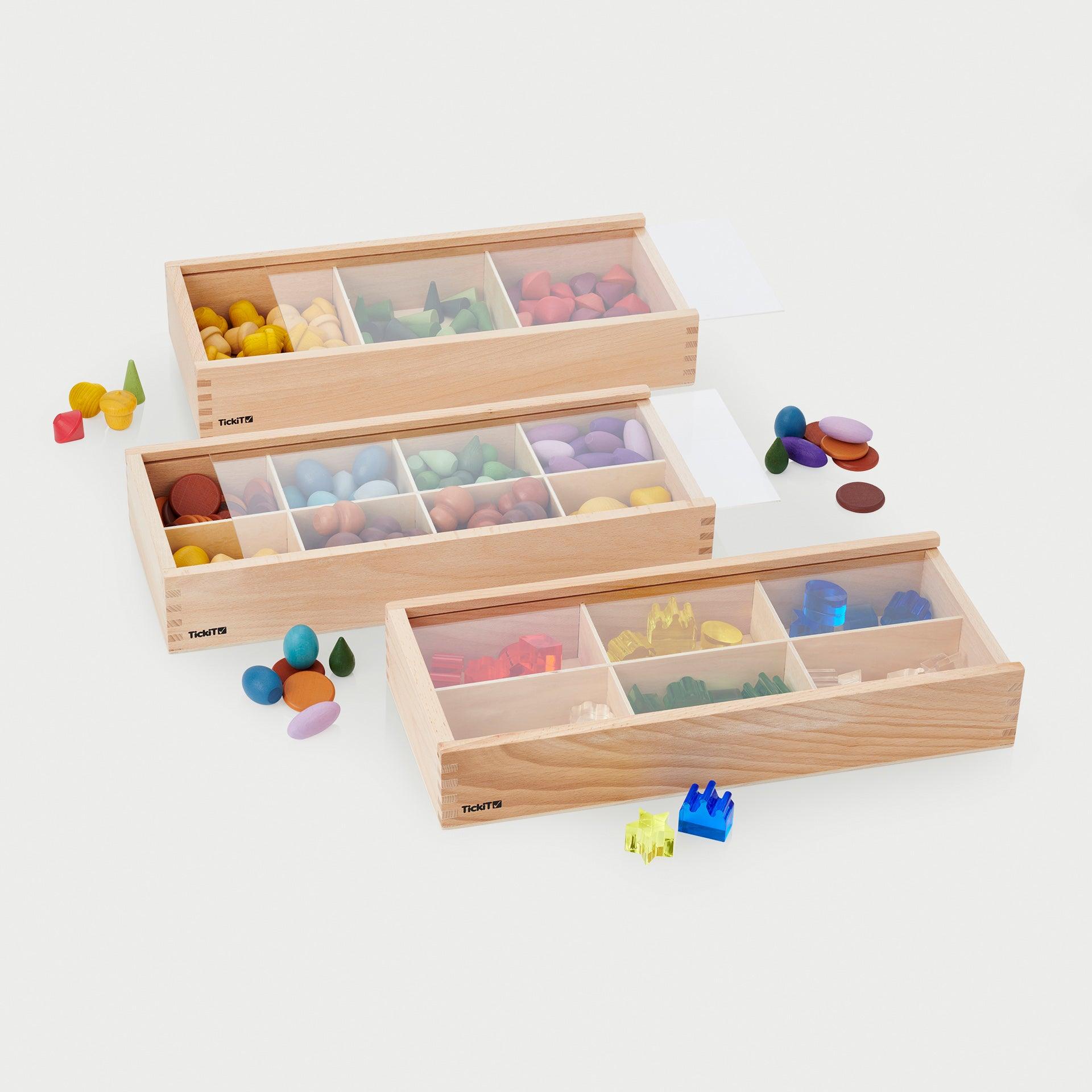 Tickit Wooden Discovery Boxes scatole legno 3 pezzi coperchio
