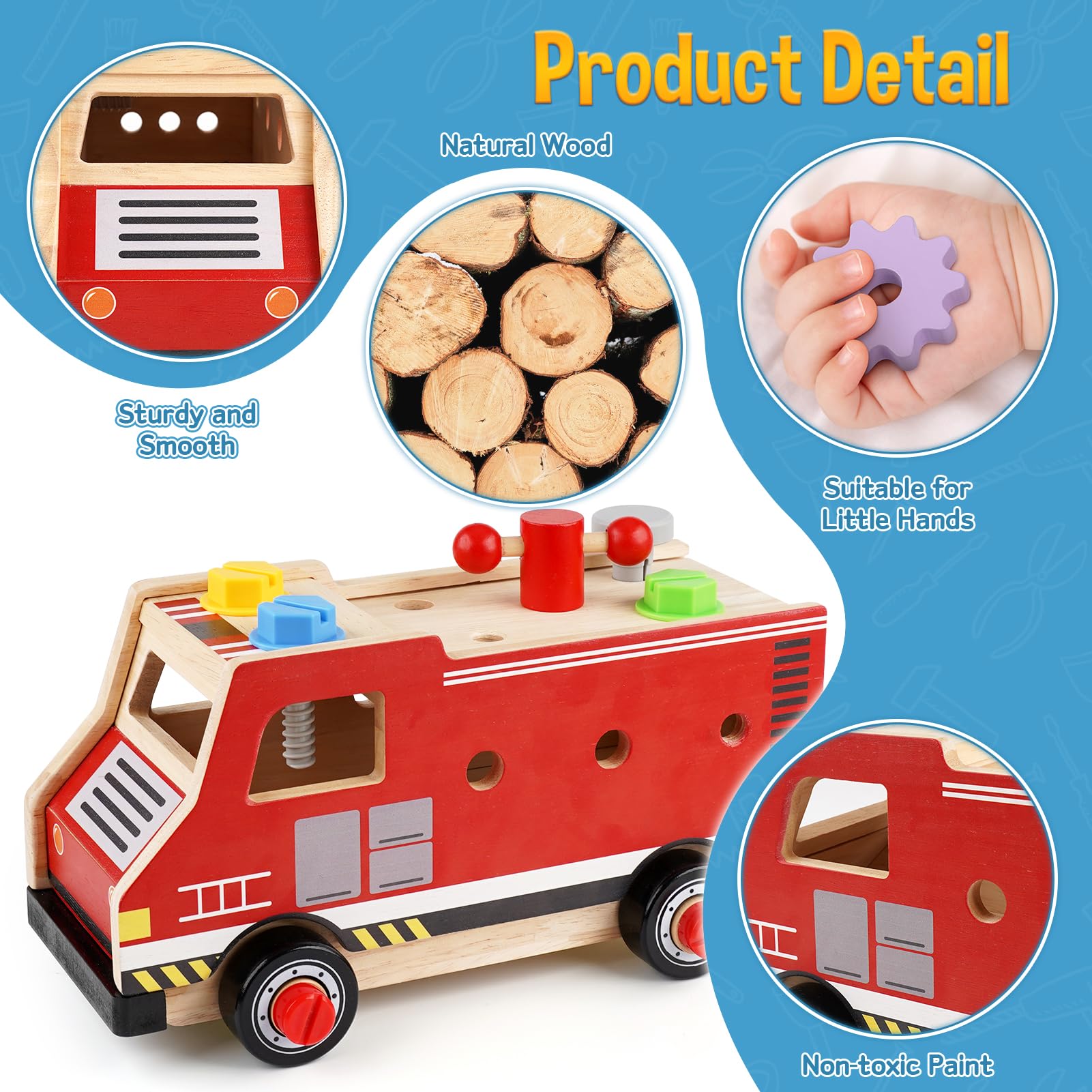 DINORUN Cassetta Attrezzi Bambini Legno Camion Pompieri 47 Pezzi