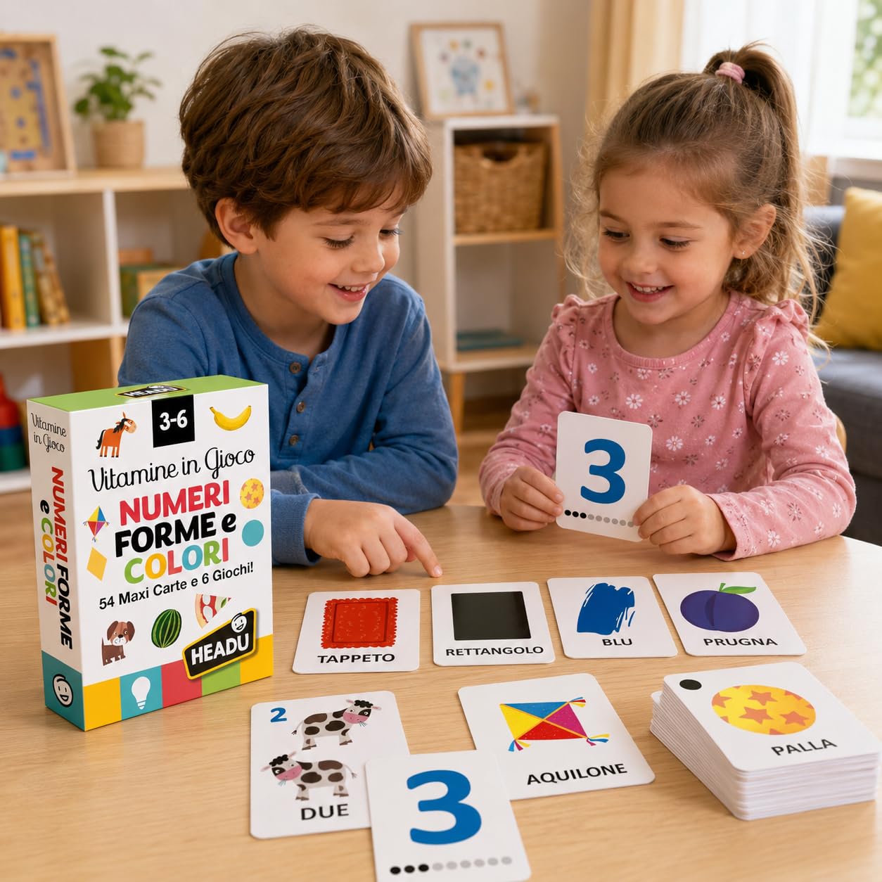 Headu Vitamine in Gioco Numeri Forme e Colori carte educative 54 carte 3-6 anni