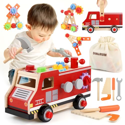 DINORUN Cassetta Attrezzi Bambini Legno Camion Pompieri 47 Pezzi