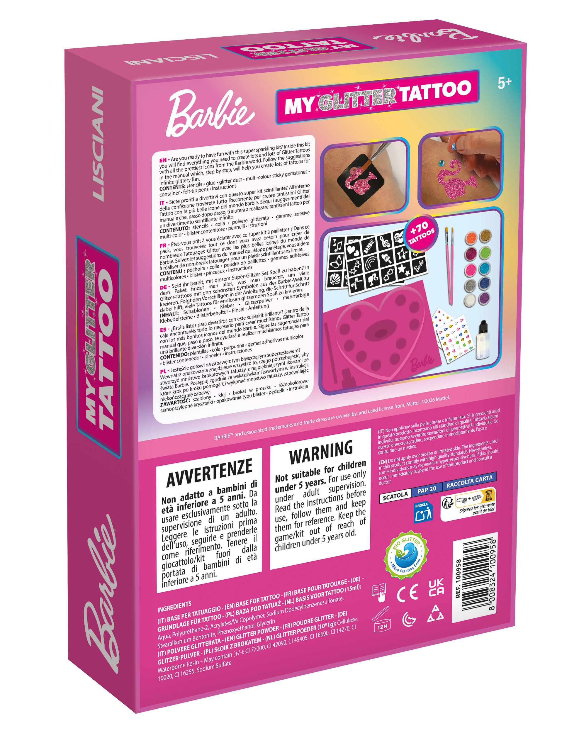 Lisciani Barbie My Glitter Tattoo kit tatuaggi con gemme