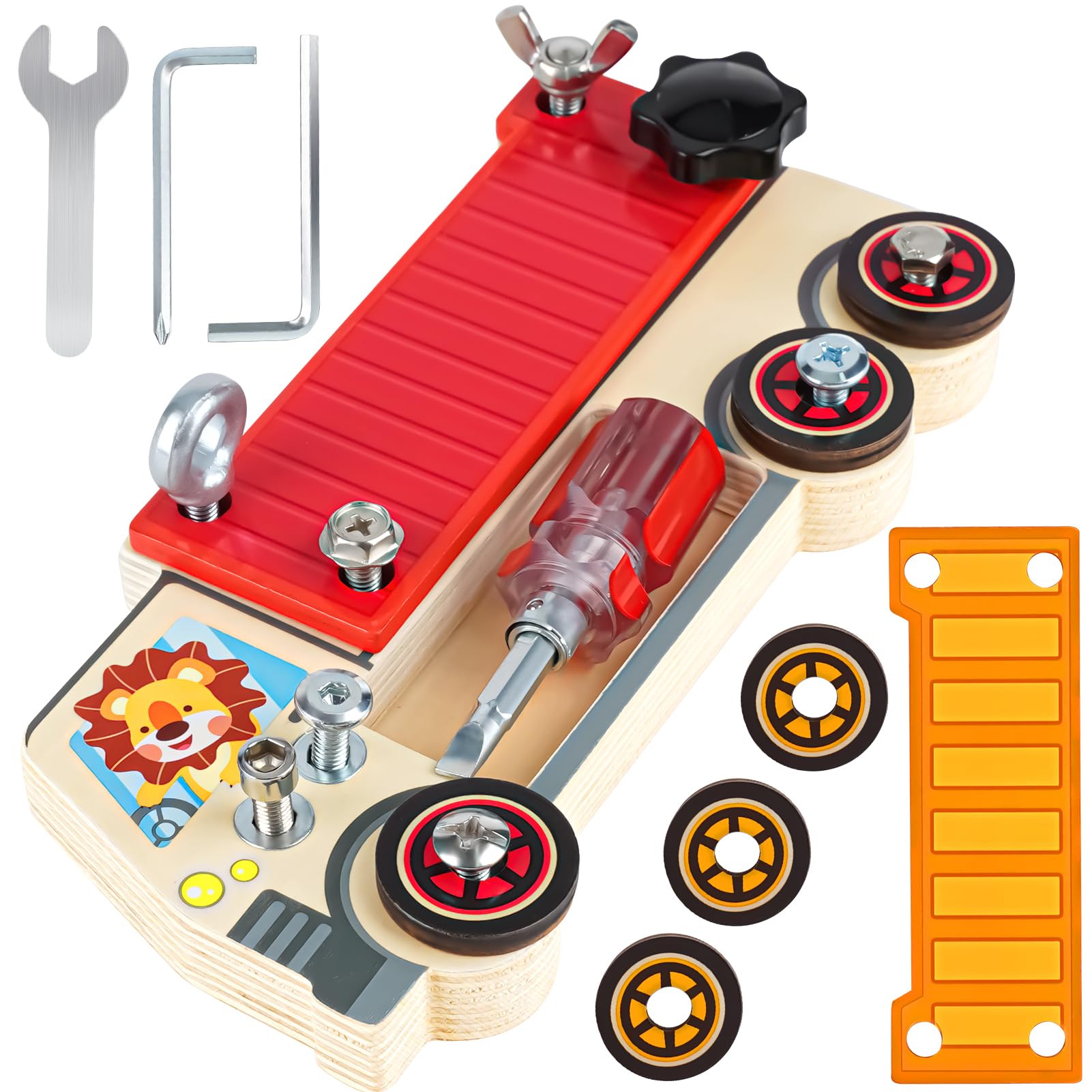 DINORUN camion tavola sensoriale legno viti con borsa