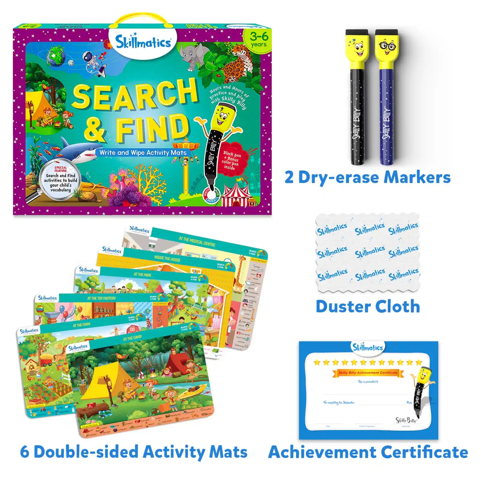 Skillmatics Search & Find tappetini attività riutilizzabili 3-6 anni
