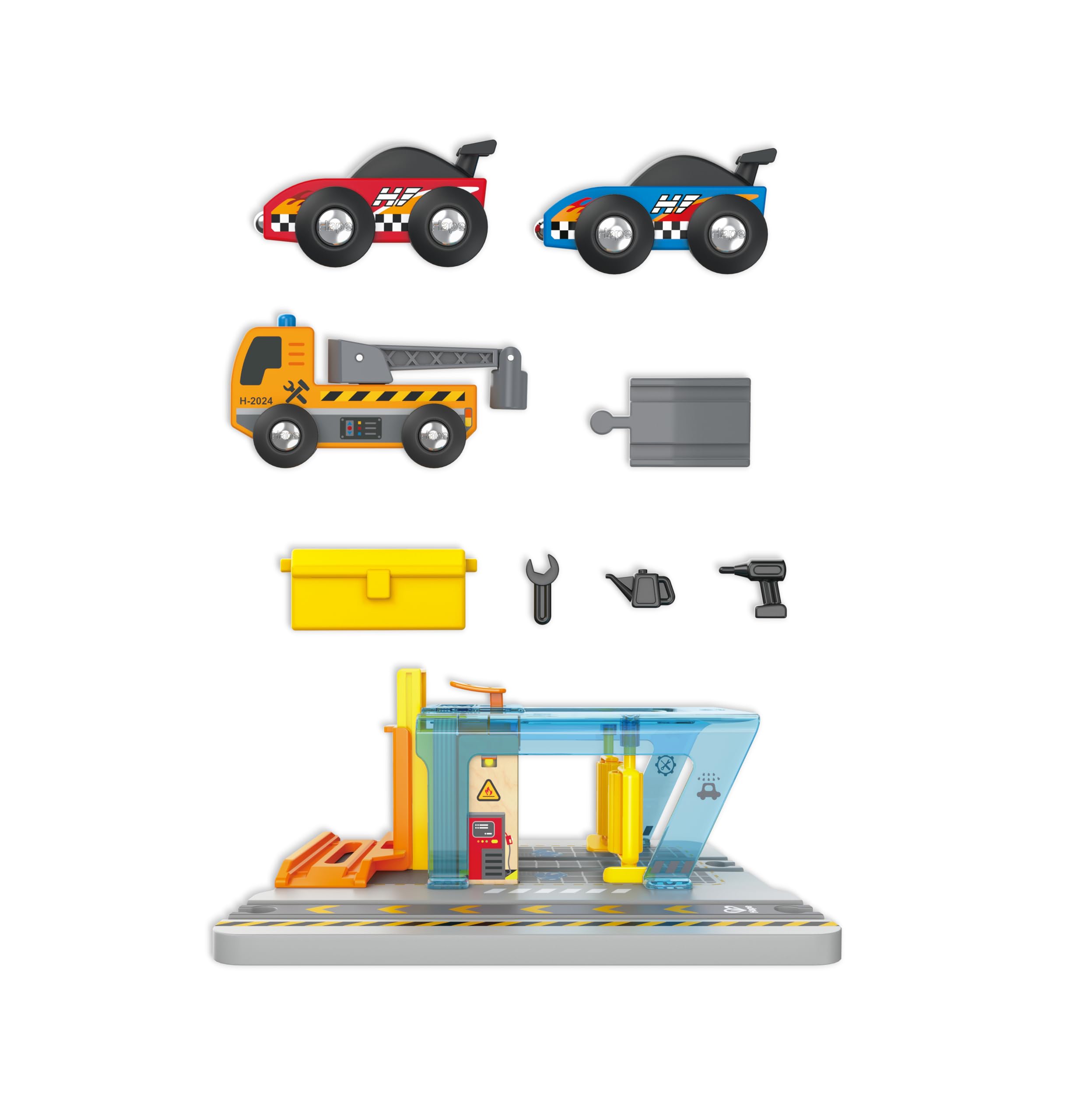 Hape Railway Stazione Autolavaggio e Officina garage legno