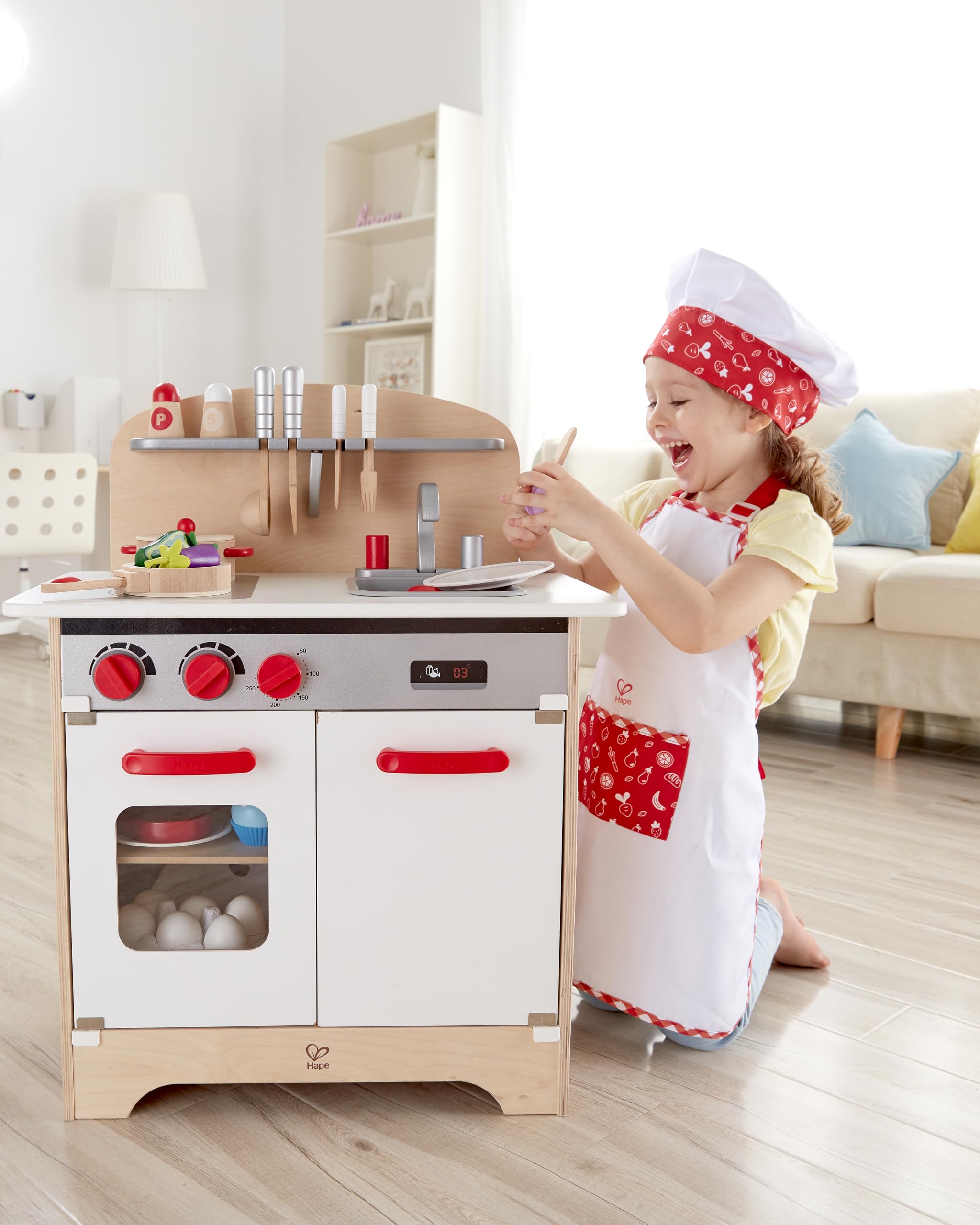 Hape Kit da Chef costume cuoco bambini 3 anni bianco rosso