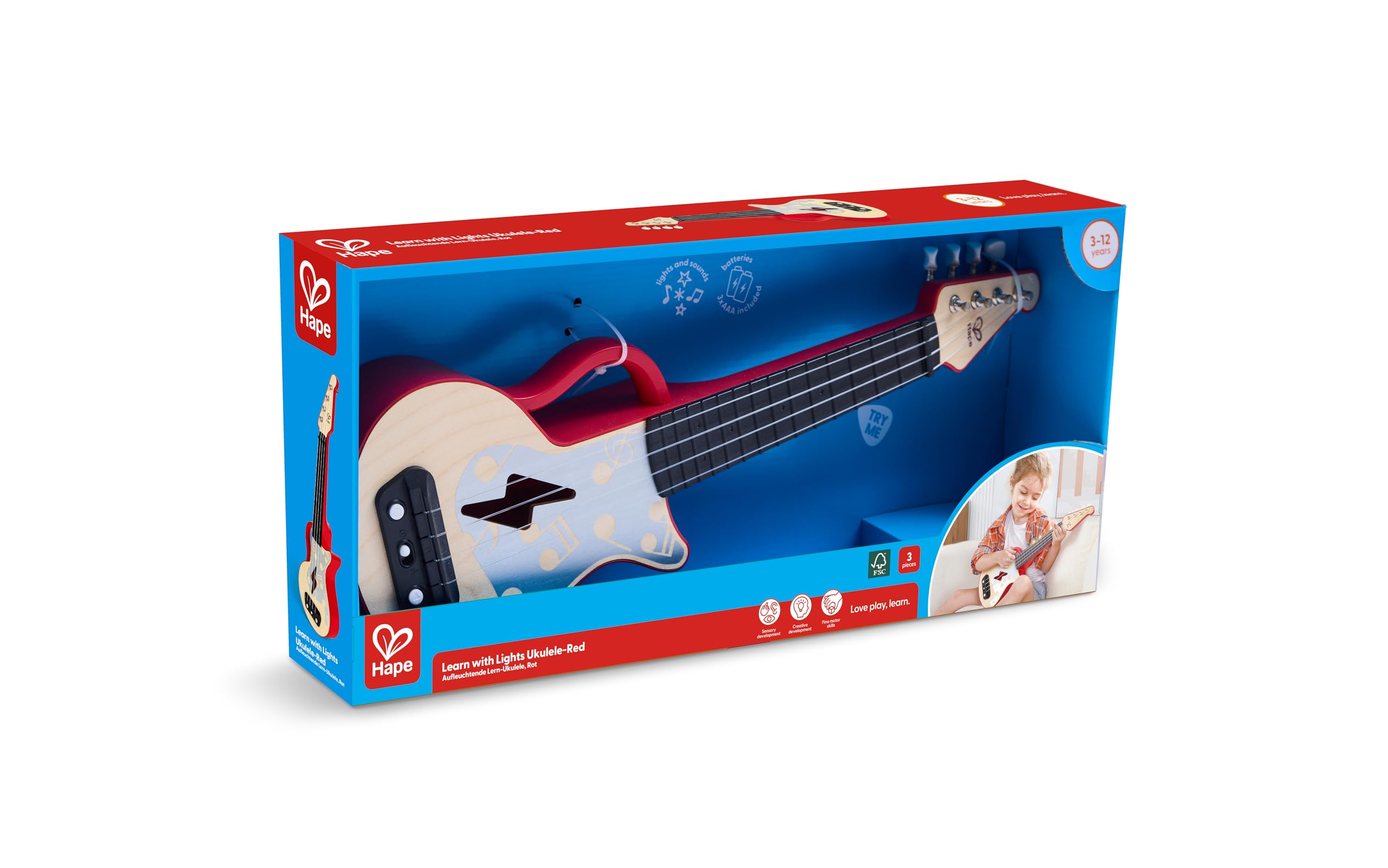 Hape Impara con le Luci ukulele giocattolo rosso 3 anni