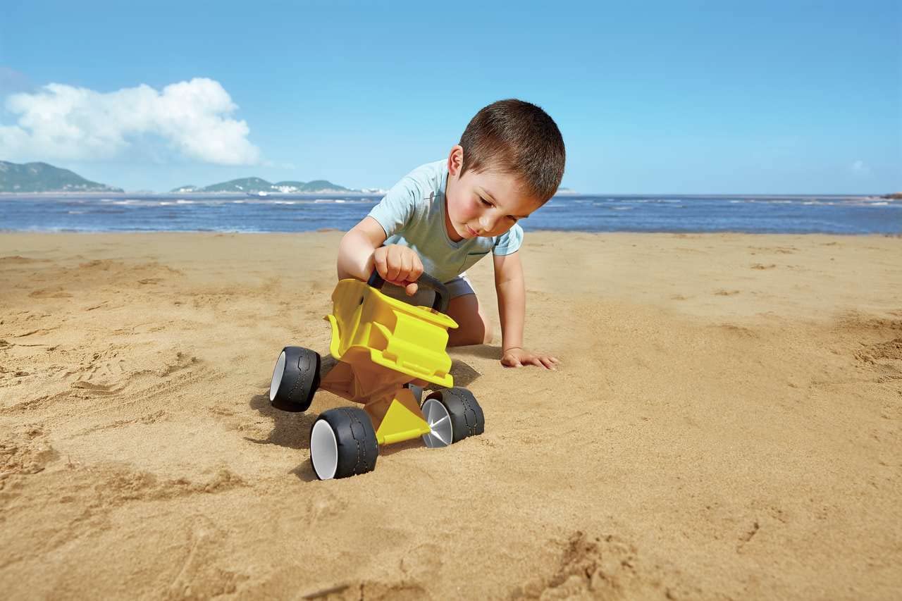 Hape Autocarro Giallo camion ribaltabile spiaggia ruote gomma