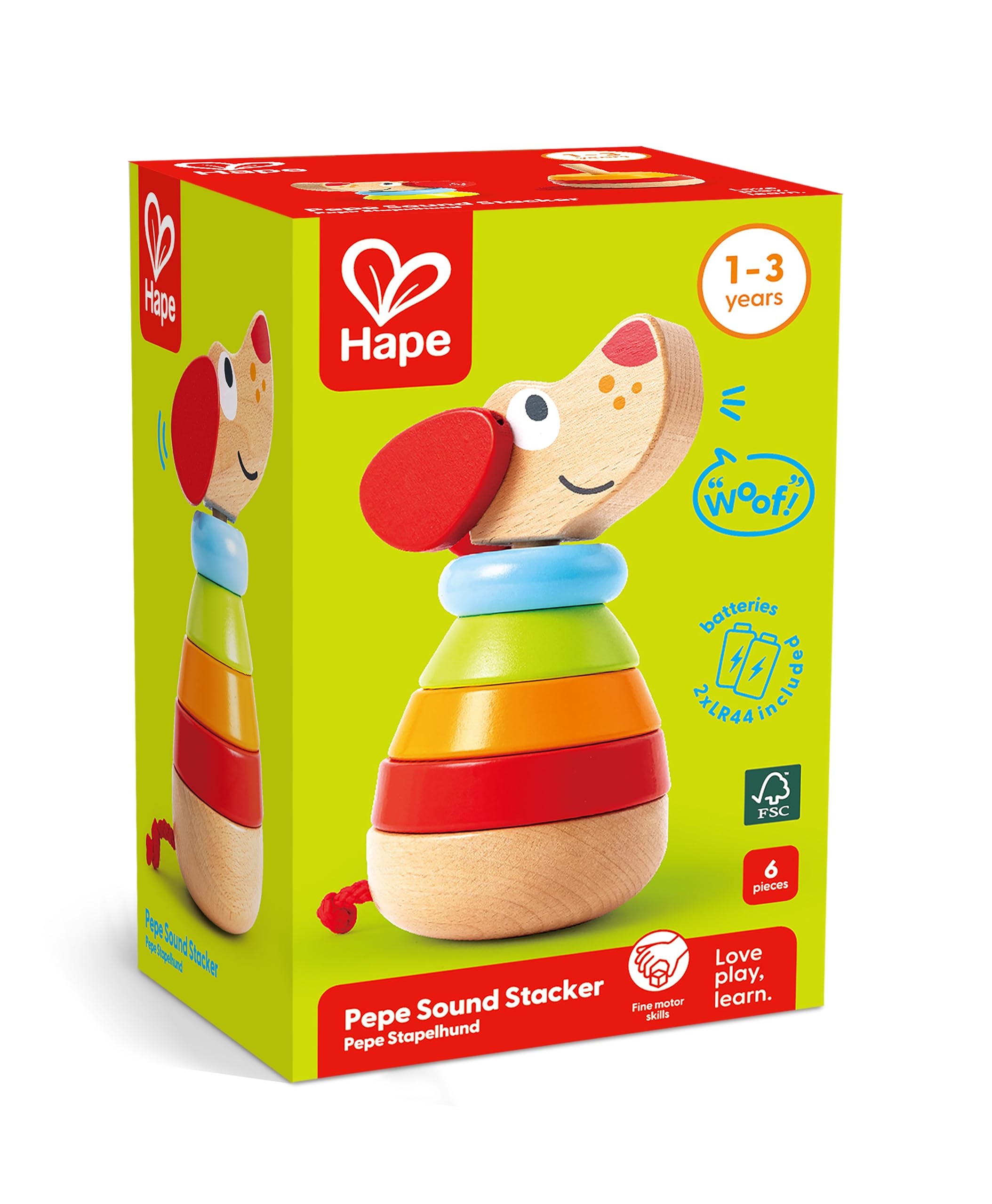Hape Pepe Arcobaleno impilabile in legno cane 6 pezzi da 12 mesi