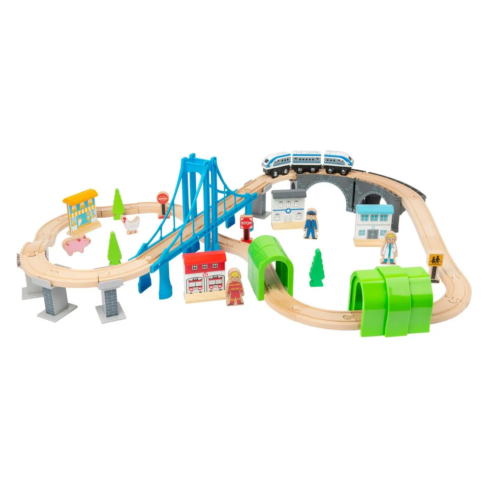 smallfoot 11492 ferrovia in legno con ponte sospeso due livelli