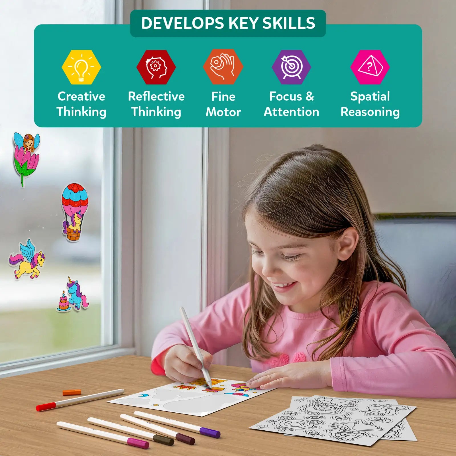 Skillmatics Color Clingz Unicorns & Princesses adesivi 50+ riutilizzabili