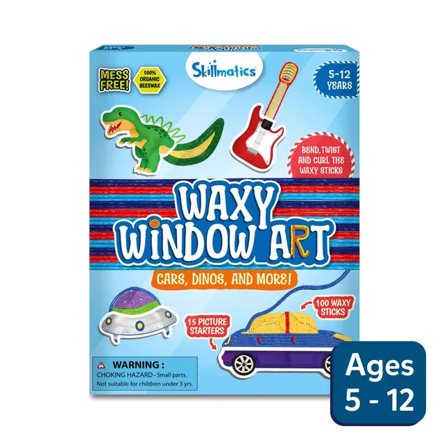 Skillmatics Waxy Window Art Cars Dinos kit creativo 5-12 anni