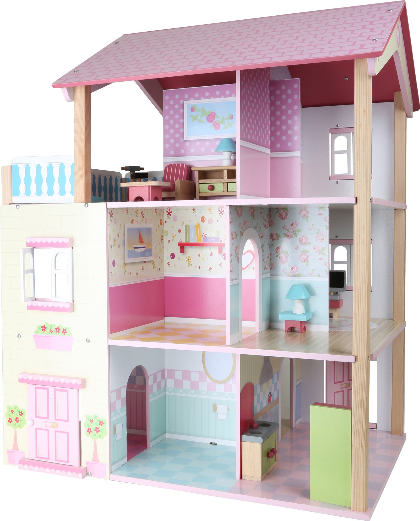 smallfoot 3126 casa bambole tetto rosa 3 piani 21 mobili